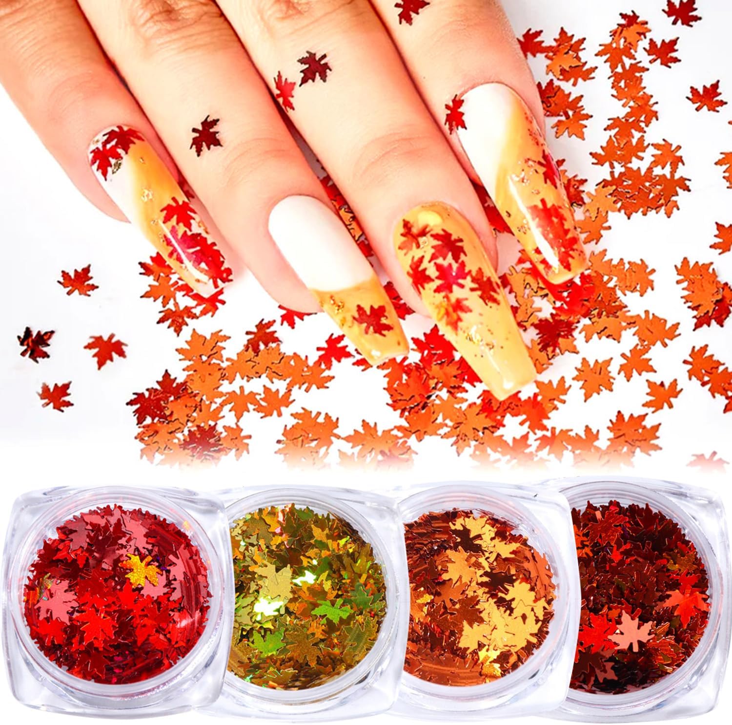 4 Bottles Maple Leaf Nail Art Glitter Fall Leaves Nail Sequin Holographic Laser Glitter Maple Leaf Design Autumn Nail Decoration Manicure Accessories for Girl Women Gel Polish