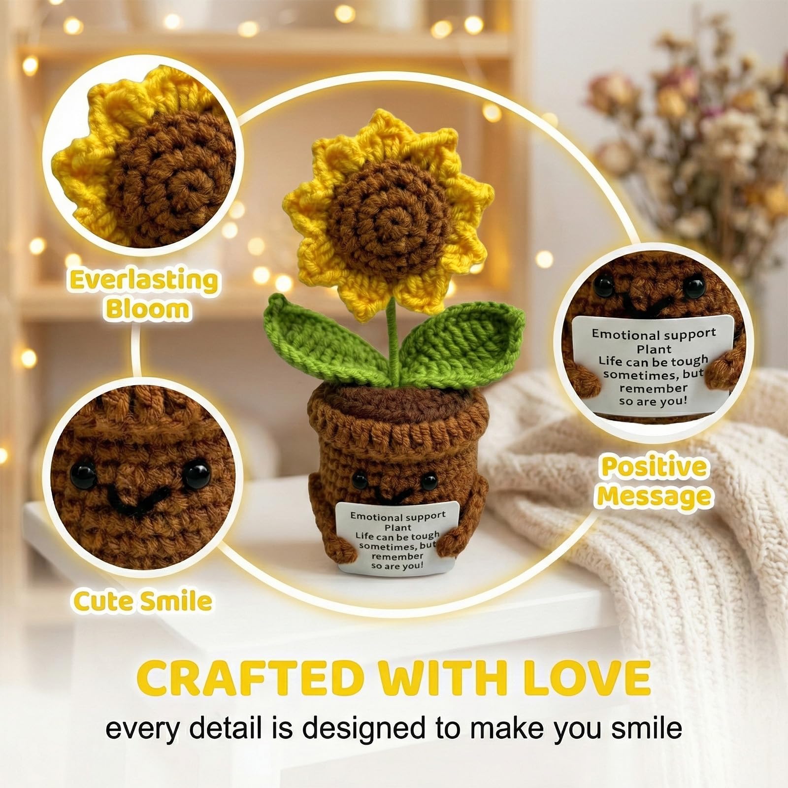 Positive Girasole Idea Regalo Compleanno- Creative Knitted Positive Girasole Doll- Gadget Scrivania Carino Portafortuna, Regali Originali per Laurea Collega Sorella Amica Ufficio - 4