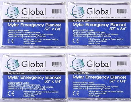 Mylar Survival Blankets - 4 Pack - Fire Blanket for Safety, Thermal Covers for Trekking, Marathons, Emergency Kits - Weatherproof, Reflective & Windproof