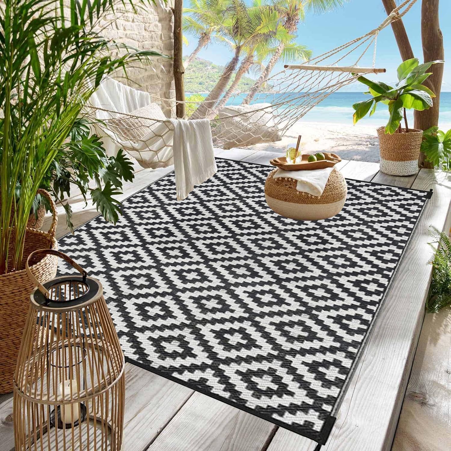 Tapis Terrasse d'extérieur Imperméable Grand Noir et Blanc,Tapis Exterieur Tissage,Tapis de Jardin Pliable Réversible Tapis de Exterieur pour Patio,Porche, Balcon,4x6ft/120x180cm