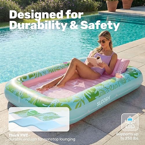 Miniatura 5 de Flotador inflable para piscina de bronceado Sloosh, 70" x 46" flotadores de piscina para adultos con almohada, balsa de tina de bronceado de 4 en 1