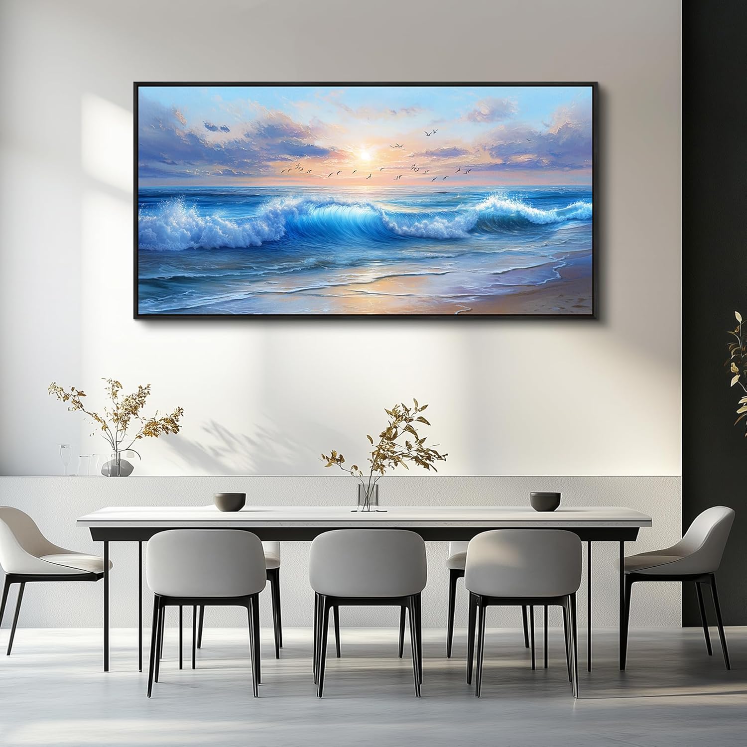 XIGUANGART Canvas Wall Art For Living Room Blue Sea Wave and Large Coastal Beach Paintings Sunrise Seascape Pictures Artwork Ocean Home Decorations Wall Decor for Bedroom Bathroom Hallway Office