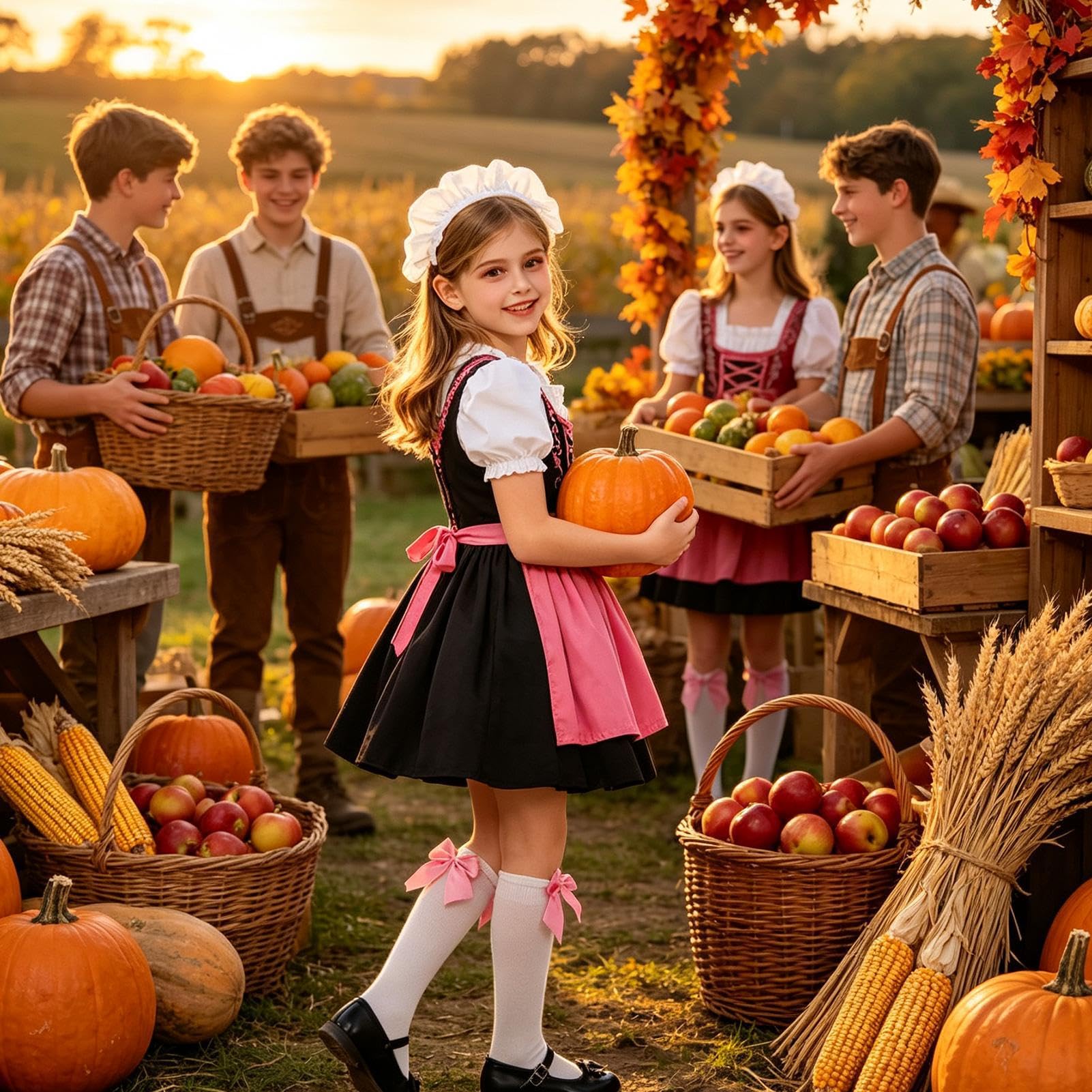 Dirndlkleid mit Schürze, mittellanges bayerisches Oktoberfest-Kostüm