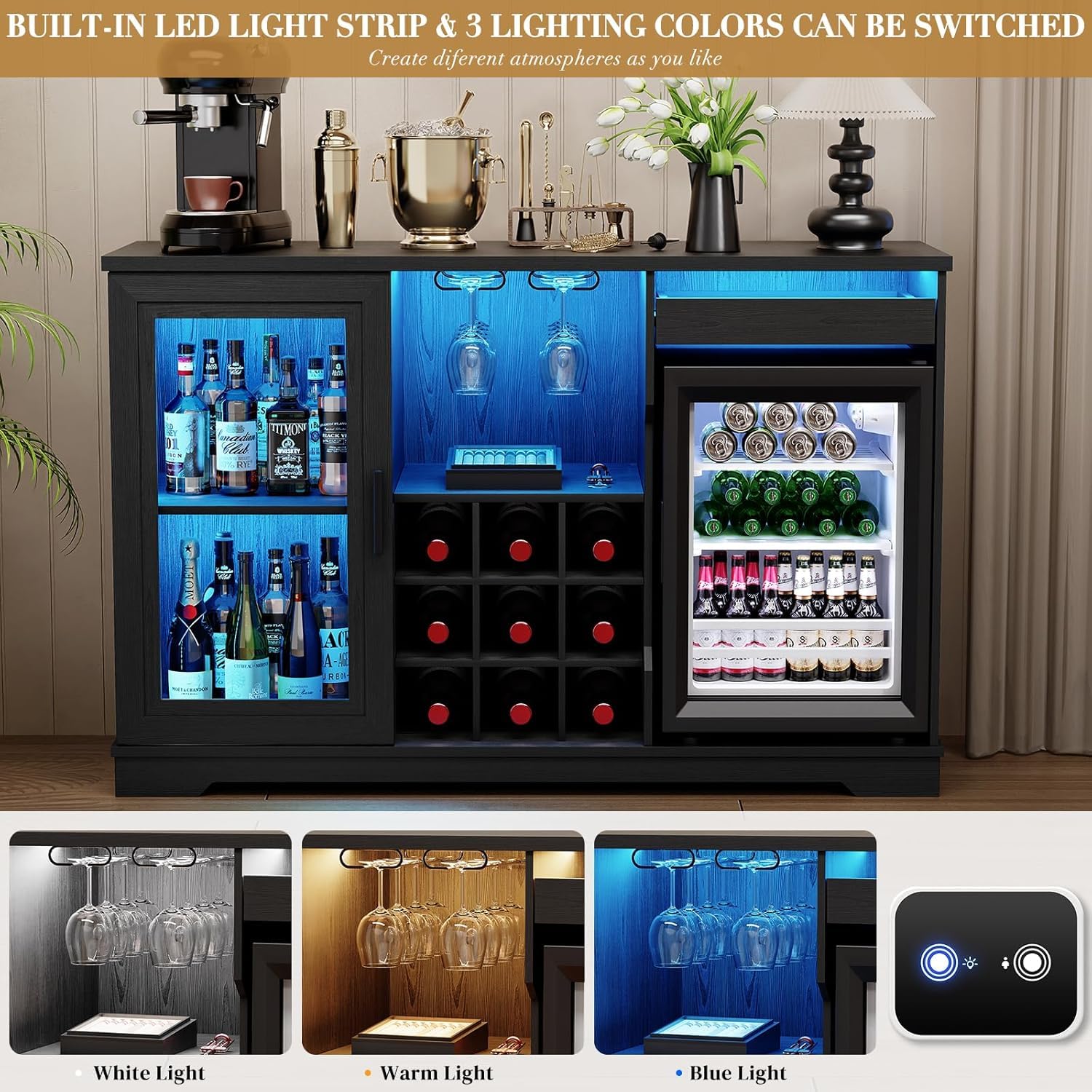 BROTTAR Meuble Bar à café avec réfrigérateur (Inclus), Grand Bar à Alcool avec lumières LED, Porte-Verres et casier à vin, Meuble à vin avec détecteur de présence, Buffet Enfilade pour la maiso