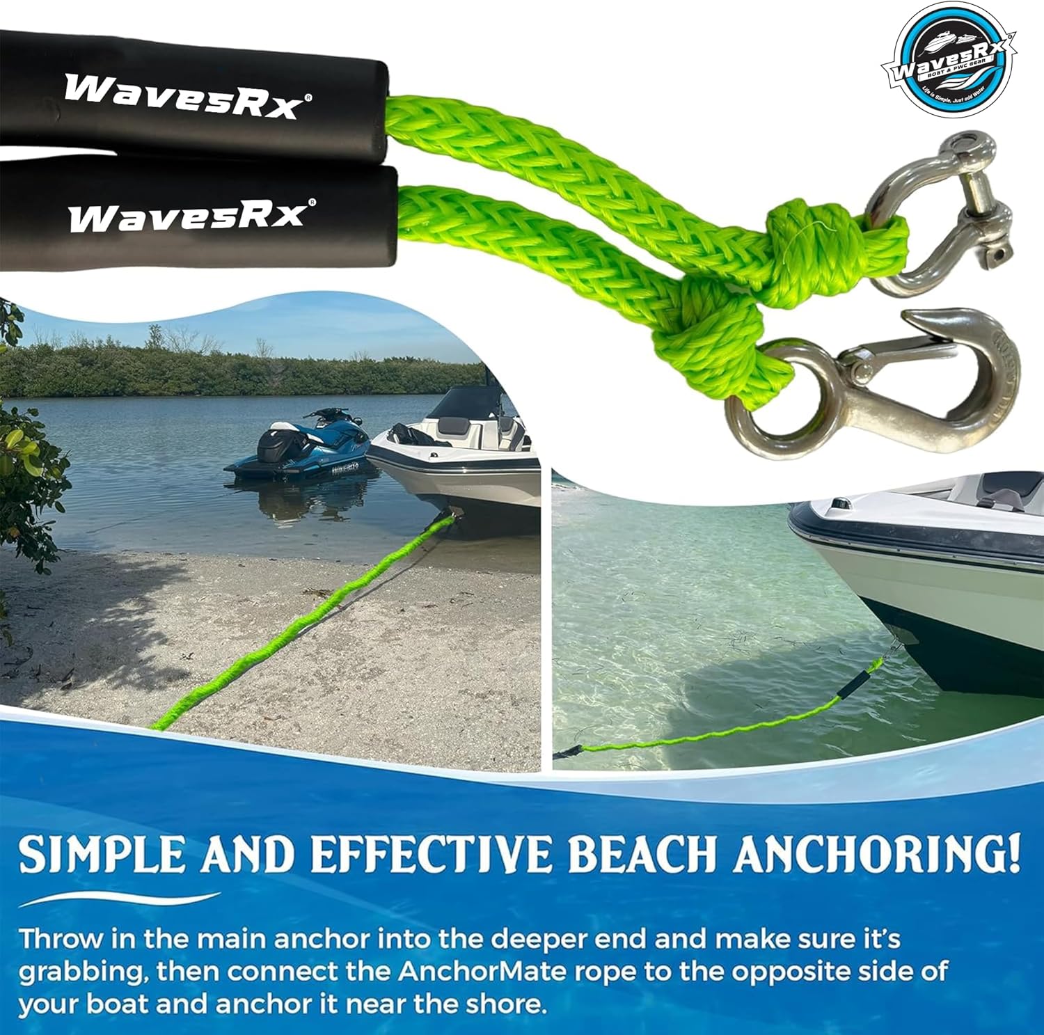 WAVESRX AnchorMate Bungee Line | Boat Bungee Dock Lines for Boats, PWCs & Kayaks | Absorbs Shock from Swells & Wind, Prevents Anchor Dislodging | Perfect for Anchoring, Mooring & Tethering