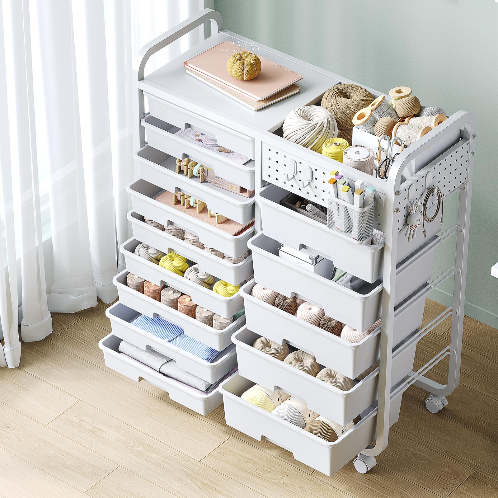 Chariot de rangement à 14 tiroirs avec plateau perforé - Chariot à roulettes pour salle de bain - Chariot à tiroirs avec roues et poignées pour atelier, bureau, cuisine - Blanc