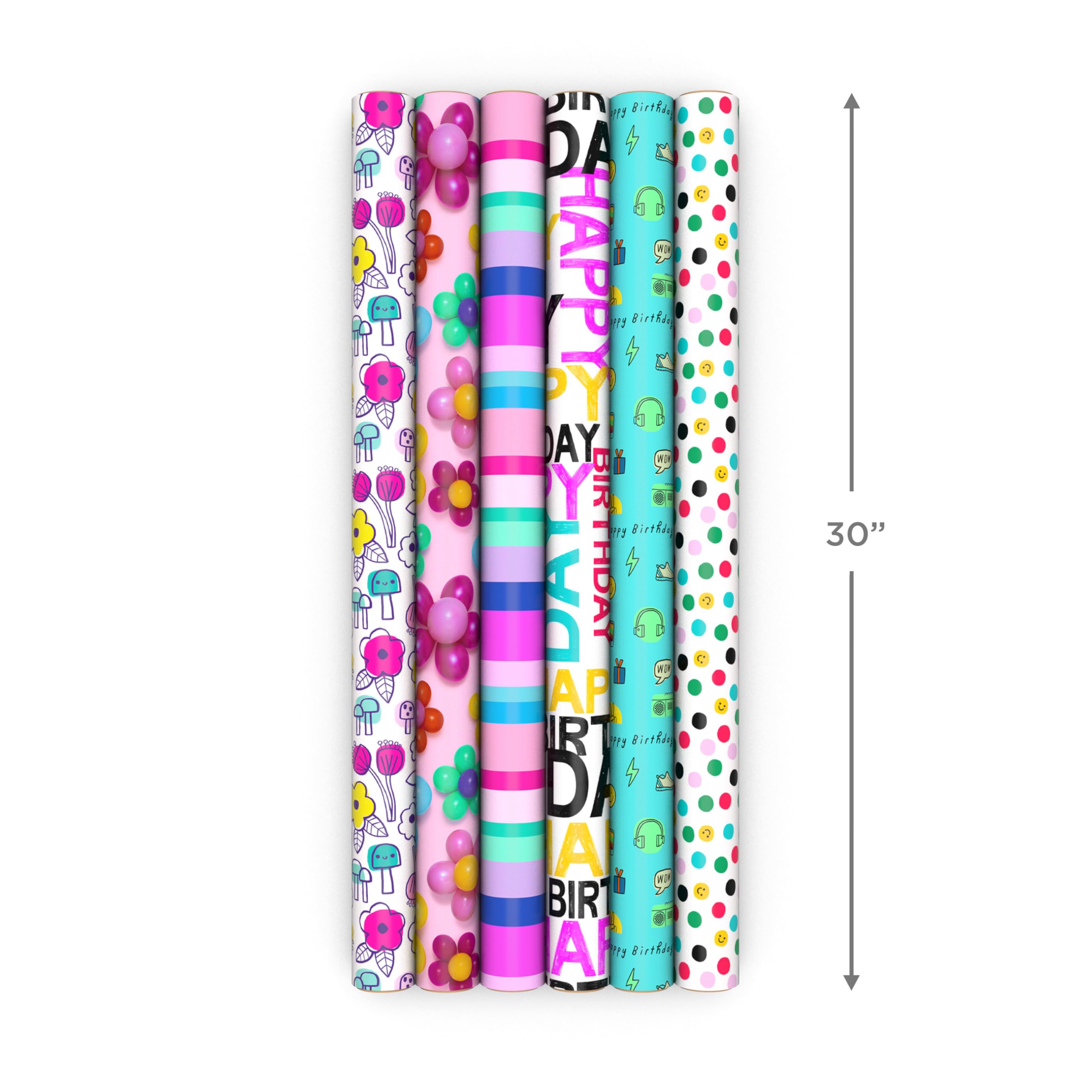Hallmark Geschenkpapierrollen zum Geburtstag - Blumen, Streifen, Rosa, Blaugrün und Schwarz Polka Dots Geschenkpapier (Set mit 6 Rollen: 180 sq. ftl.)