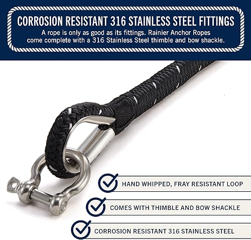 Miniatura 44 de RainierSupplyCo - Cuerda de anclaje para barco, cuerda marina de doble trenzada, línea de anclaje de cuerda marina de 100/150/200/300 pies con dedal