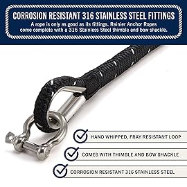 RainierSupplyCo Boat Anchor Rope -Double Braided Marine Rope Anchor Line -100 ft x3/8 Inch Nylon Boating Line with 316 Stainless Steel Thimble and Heavy Duty Marine Grade Bow Shackle -Black Reflective