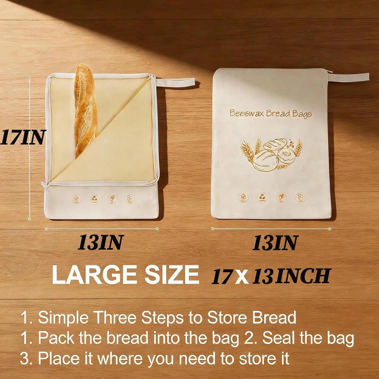 2-Pack Beeswax Bread Bags with Zipper Seal – Reusable, Eco-Friendly Natural Beeswax Lining, Keeps Homemade Sourdough & Artisan Bread Fresh(2pc)