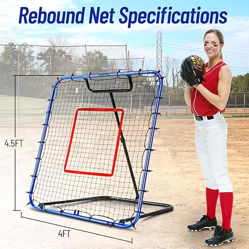 Miniatura 7 de Red de rebote de béisbol de 4 x 4.5 pies, equipo de entrenamiento de béisbol, red de rebote de béisbol con 5 ángulos de retorno de pelota, red de