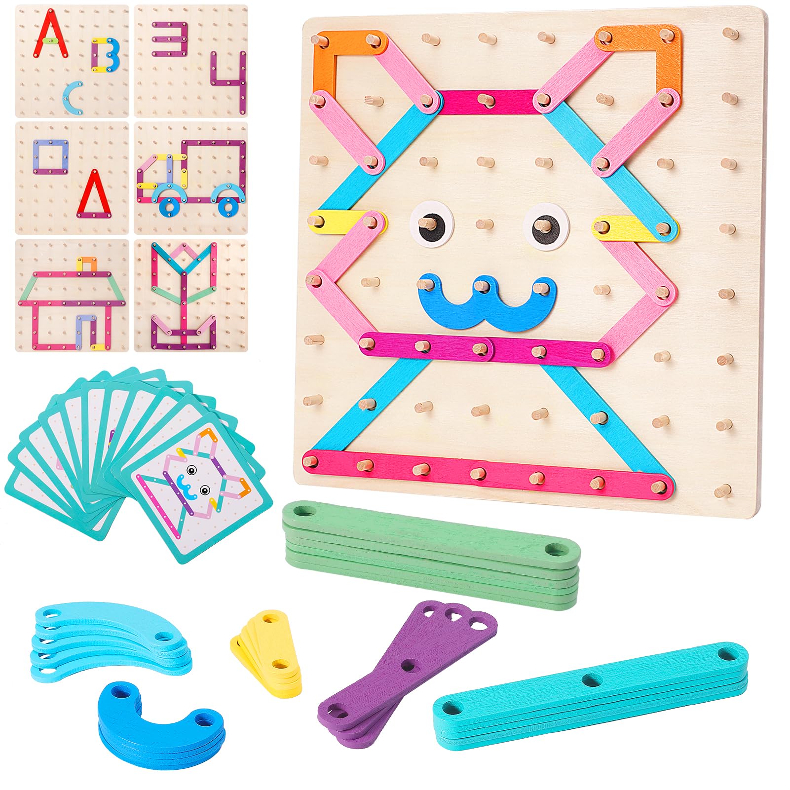 Wooden Montessori Toy for Toddlers, Letter Number Construction Set Pegboard Puzzle Stacking Blocks, Preschool Learning ABC Shape Educational Toys for Kids Boys Girls