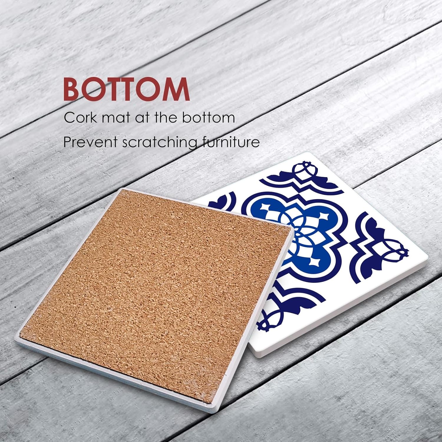 Coasters for Drinks Set of 6, Navy Blue Ceramic Tiles Geometric Pattern Absorbent Square Ceramic Stone Mat, with Cork Base and Metal Holder, Gift for Housewarming Room Bar Decor - Image 3