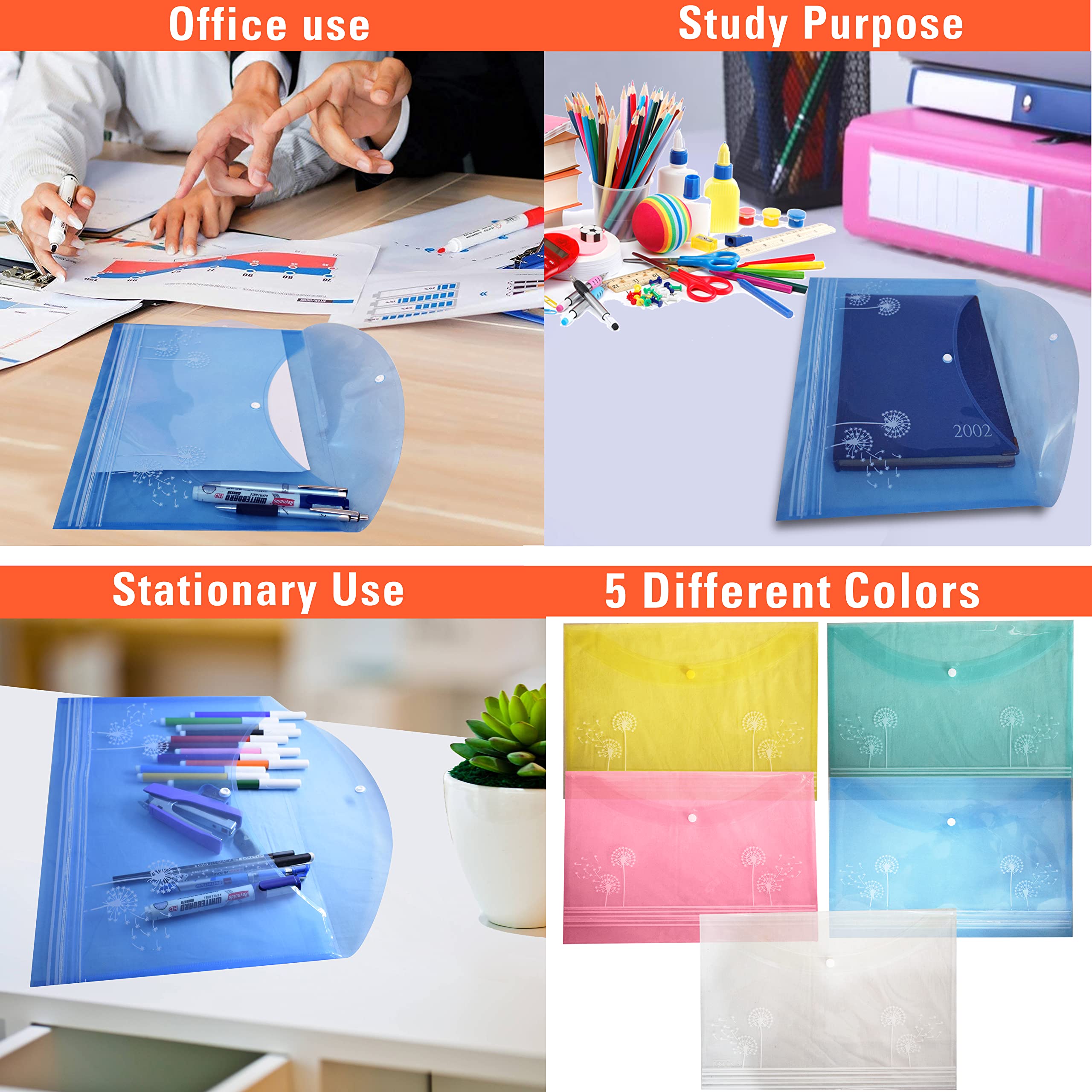 Shuban A4 Document File Folder with Button Lock | Office File Organizer for Certificates, Reports & Papers | Lightweight & Waterproof(Style-2-Floral Dandelion Design Folder-20Pcs-Mix Color) 4