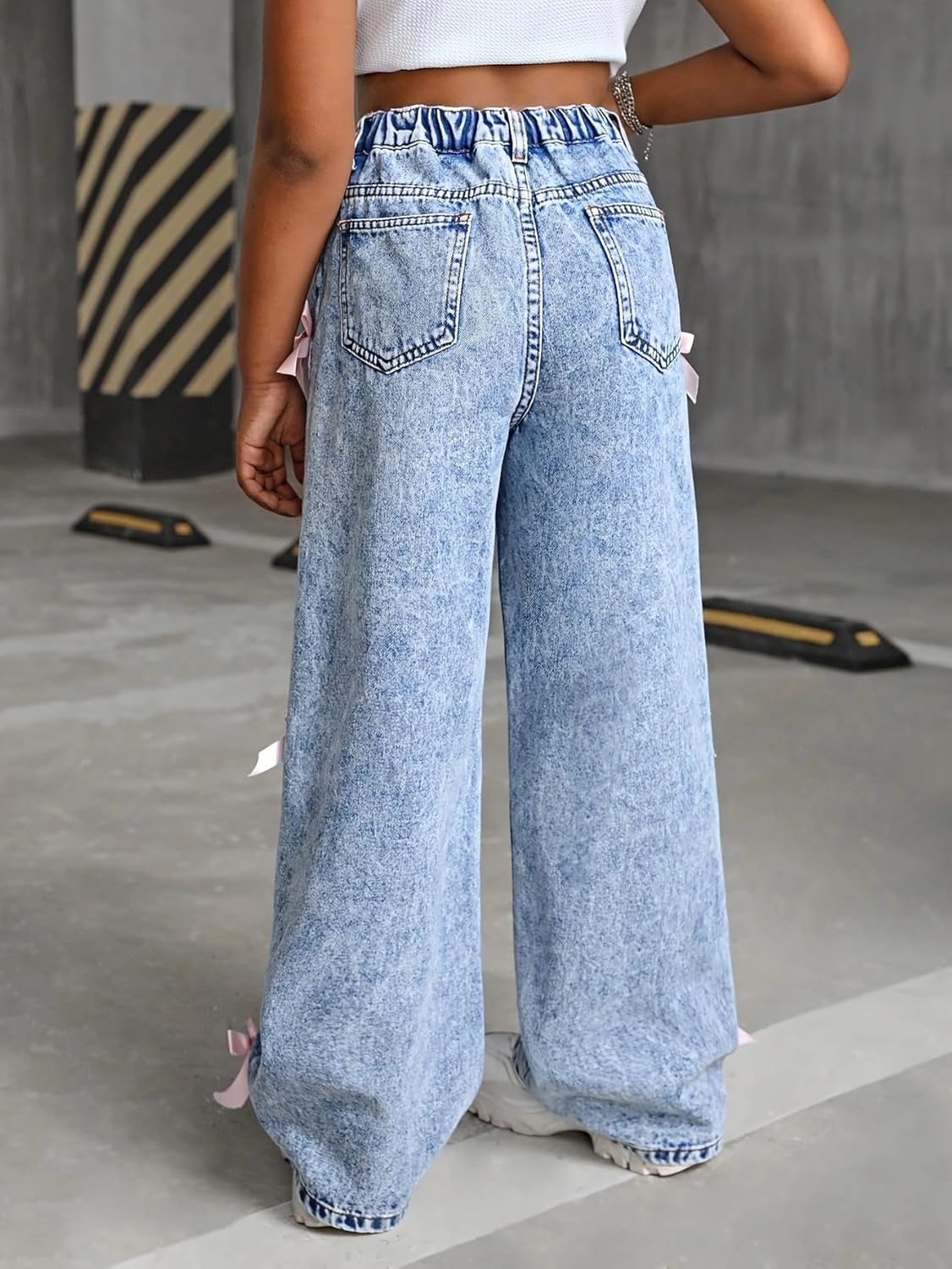 Cute Bow Jeans for Girls Baggy Kids Wide Leg Denim Pants High Elastic Waisted Y2K Boyfriend Skater Streetwear 6-14Y
