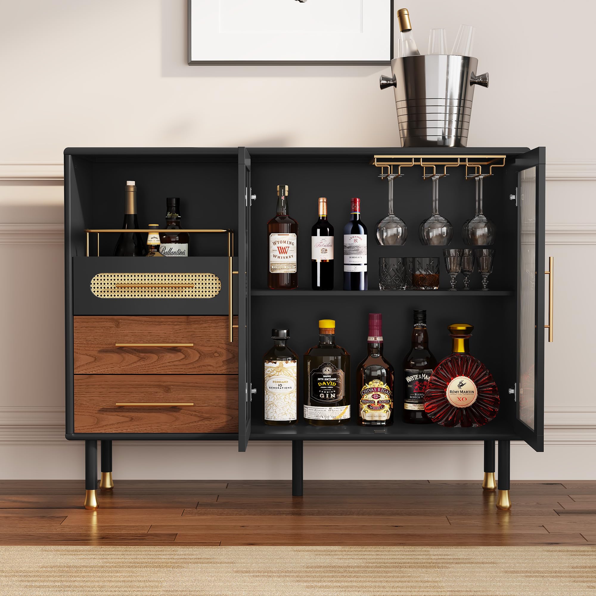 ARTPOWER 48" Coffee Bar Cabinet with Pull-Out Wine Storage, Black