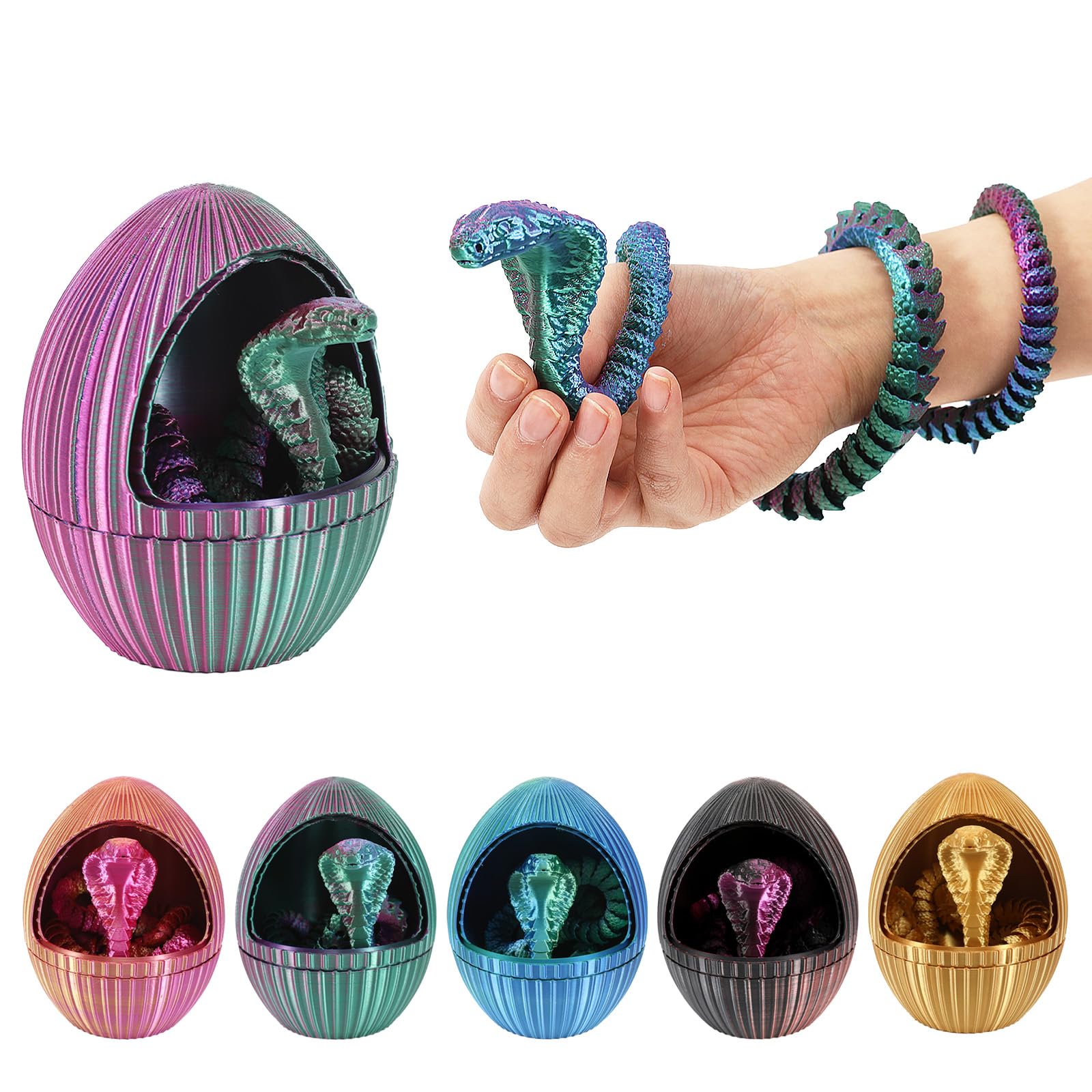 3D Printed Snake Egg Toys with Fidget Snake Inside, 24'' 3D Articulated Snake in Easter Egg, Figures Decor Home Office (Blue)