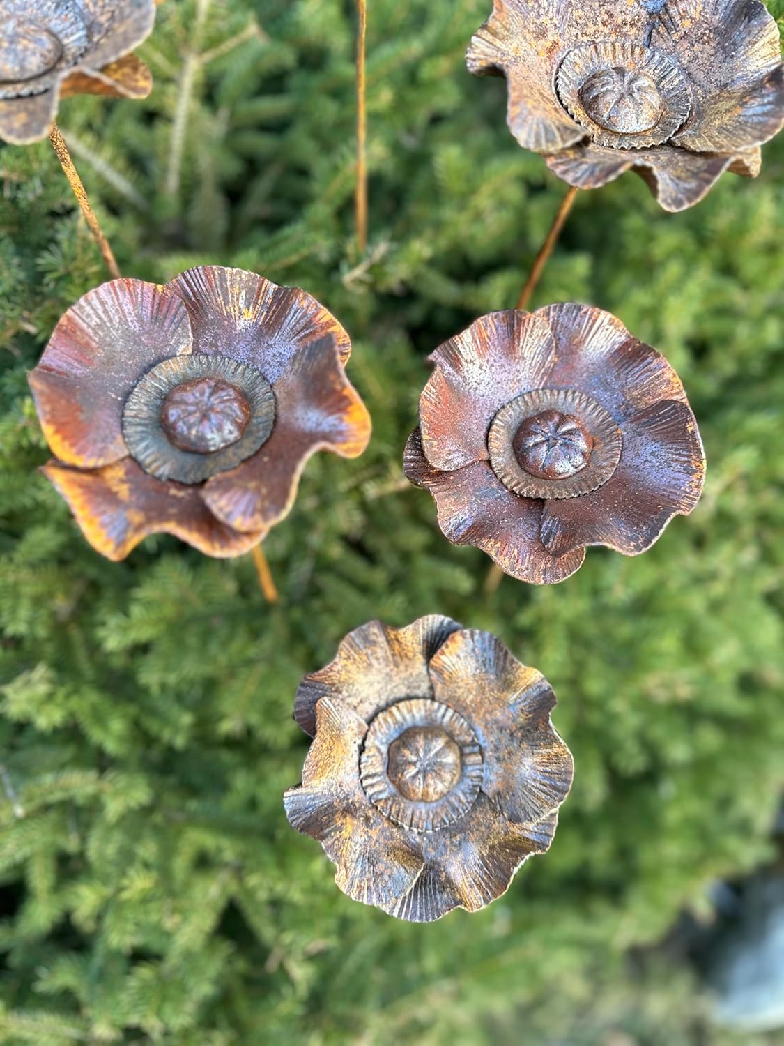 Rusty Flowers Set of 6, Poppy Flowers Garden Stakes, Metal Garden Decor, Yard Art, Rusty Metal Garden Decor