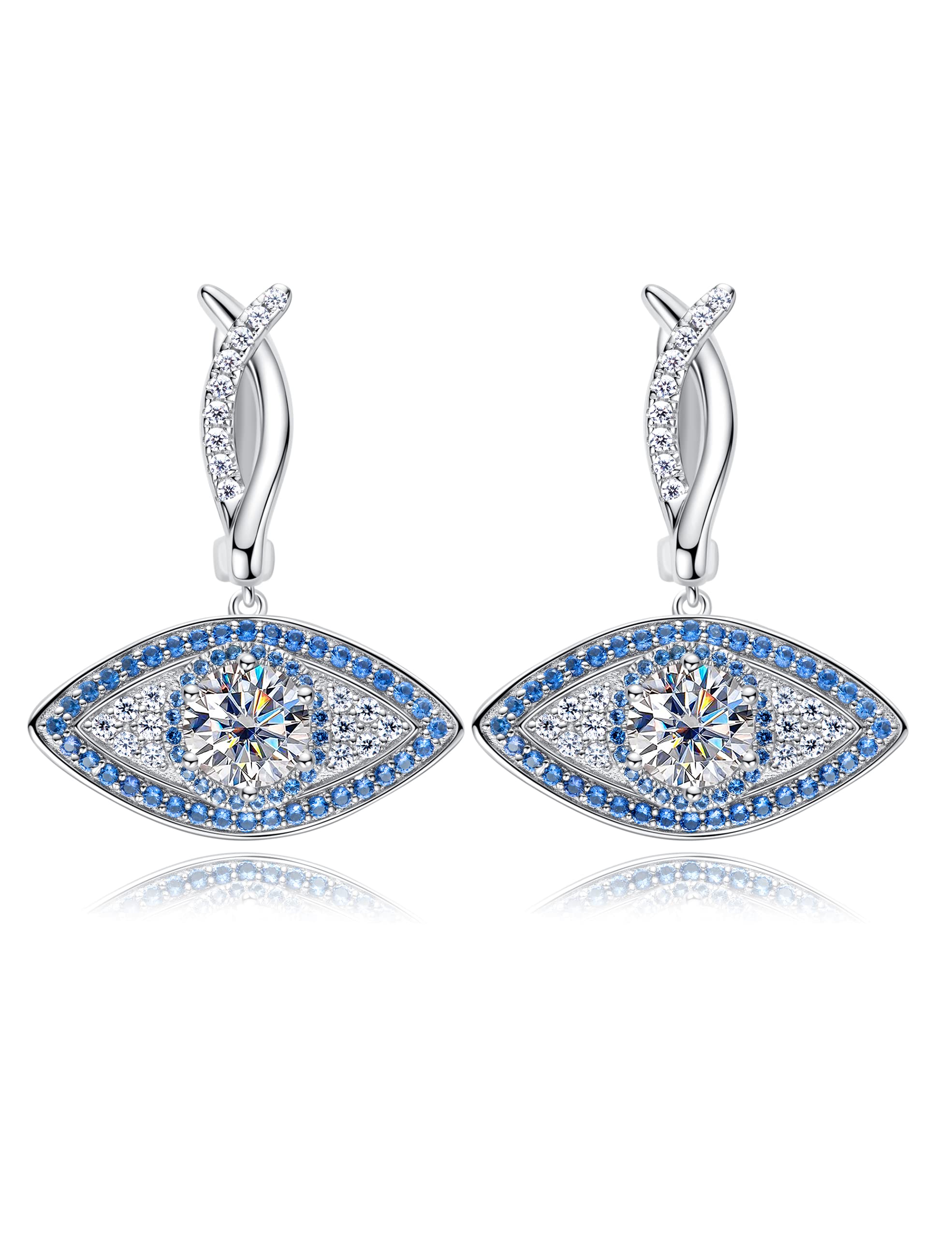 CannyCat Moissanite Evil Eye Dangle Earrings 1.23 CTTW D color VVS Moissanite and Sapphire Huggie Hoop Earrings Platinum Plated Sterling Silver Lab Created Diamond Hanging Drop Earrings Gift for Women