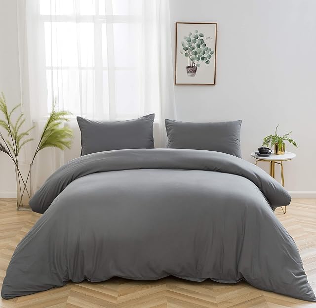 AYSW Bedding Set and Fitted Sheet Double Size 4 Pieces 100GSM Brushed Microfiber Duvet Cover with Pillowcases Luxury with 30cm Deep Pocket Bed Sheet Soft Duvet Cover Fade Resistant Grey