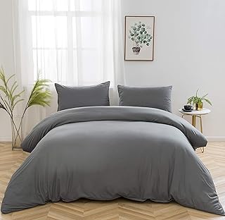 AYSW Bedding Set and Fitted Sheet Double Size 4 Pieces 110GSM Brushed Microfiber Duvet Cover with Pillowcases Luxury with 30cm Deep Pocket Bed Sheet Soft Duvet Cover Fade Resistant Grey