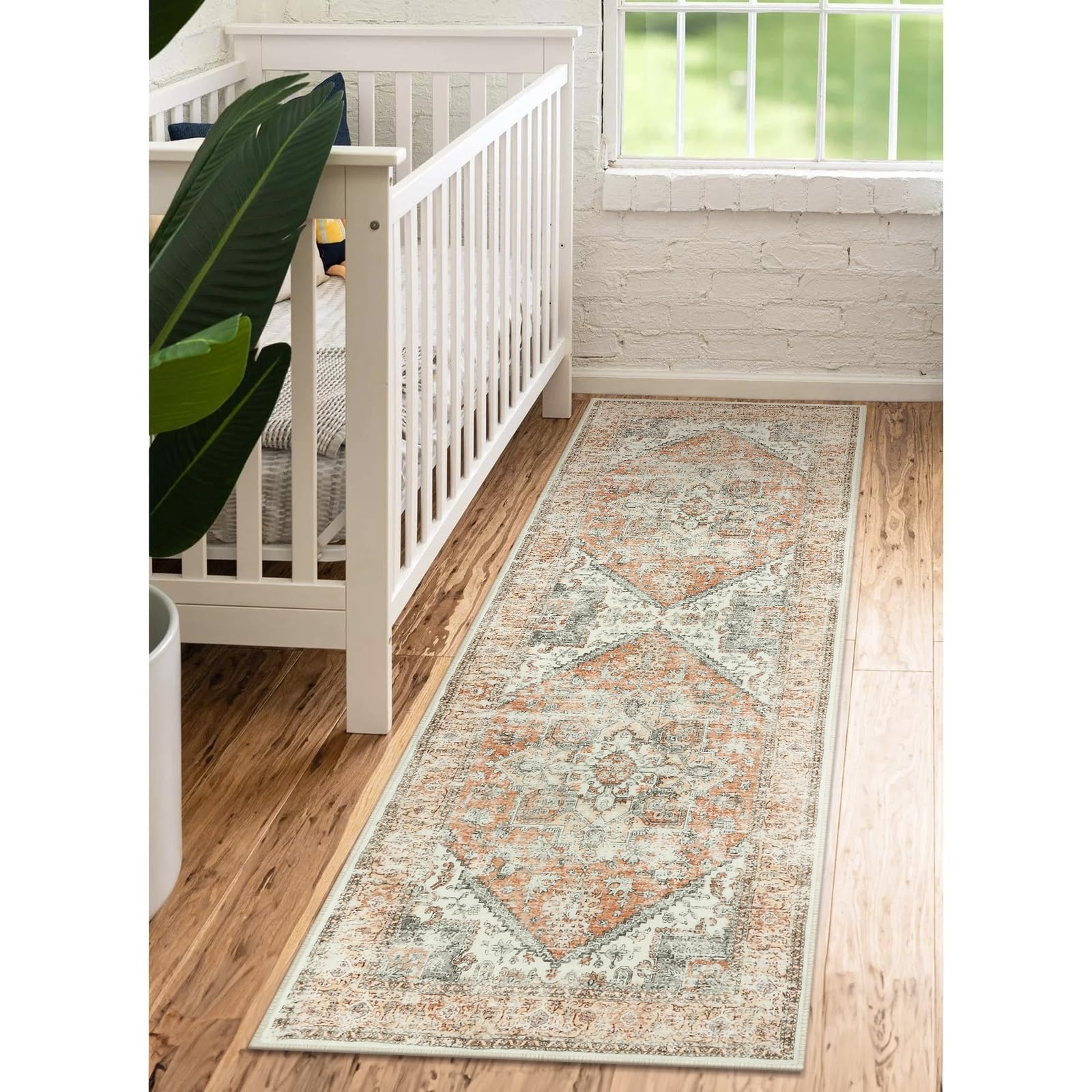 Moespace Washable Runner Rug 2x6 ft, Long Entryway Rug Low-Pile Boho Rug for Kitchen, Print Distressed Retro Doormat Carpet Non-Slip Throw Rug for Entry Bathroom Laundry Room Sink, Orange