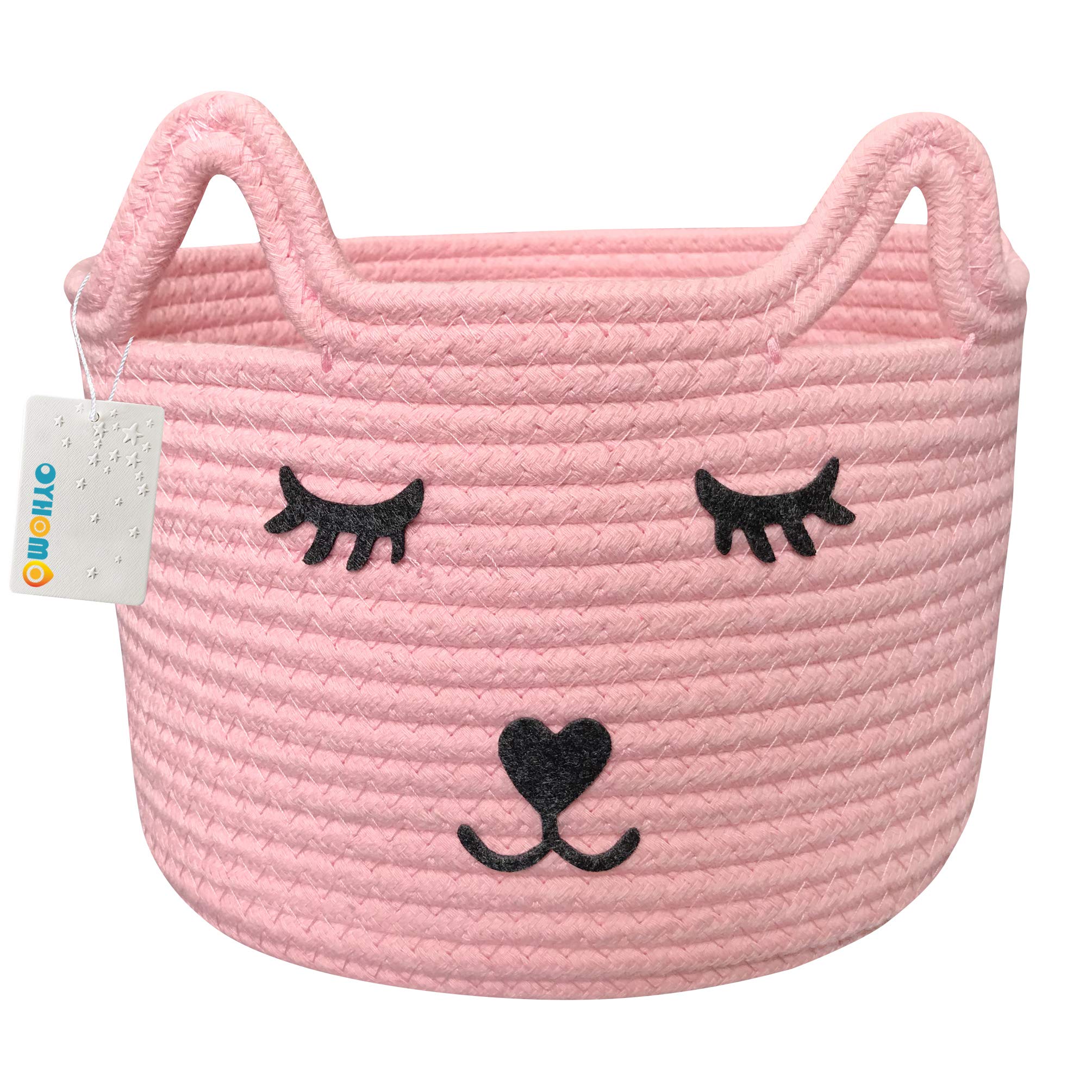 Collapsible Storage Basket Woven Cotton Rope Storage Box Cute Cat Decor Basket Organizer for Baby Toys, Nursery Kid's Room, Shelf Desk - Pink