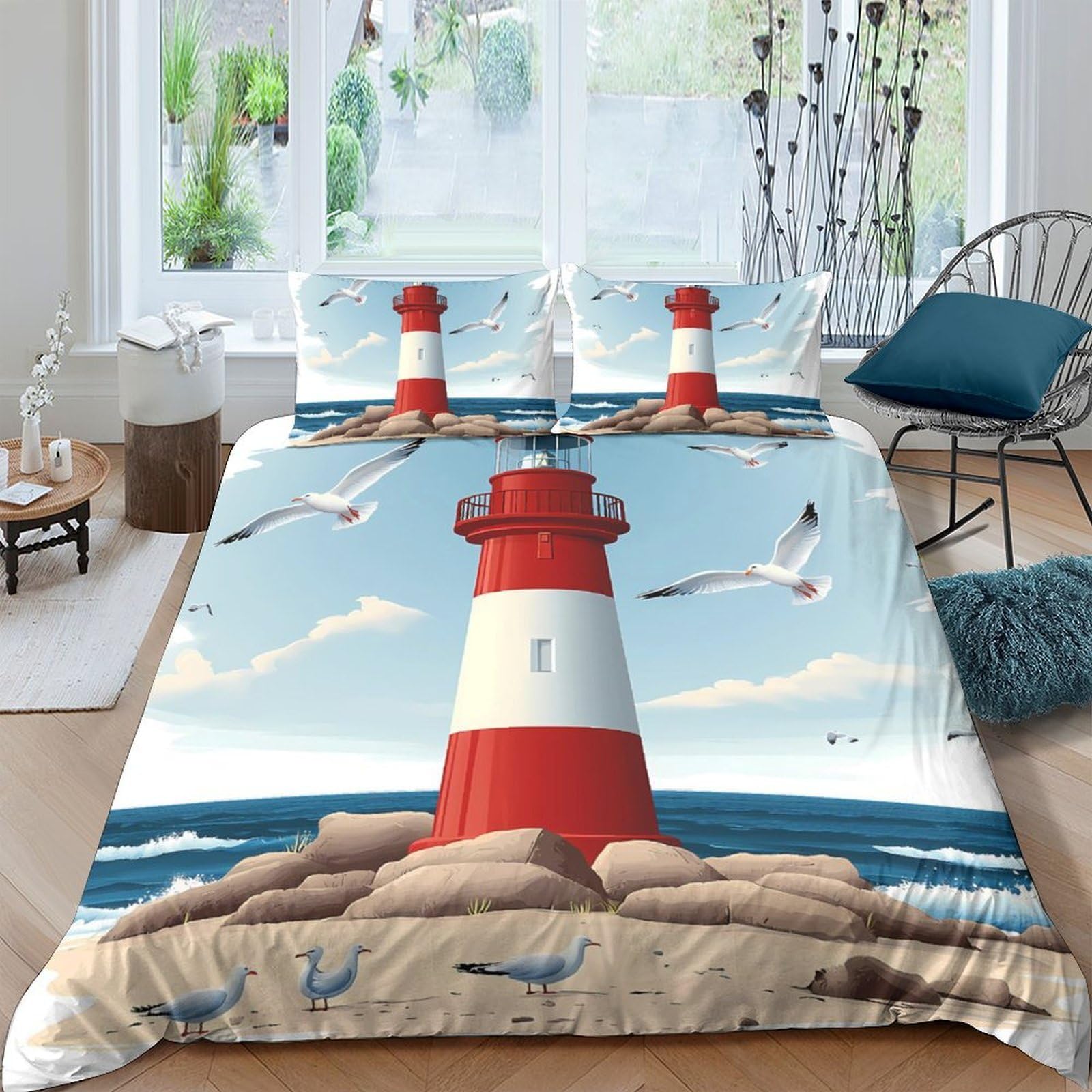 Ctjqhvkz Style-7 3D Printed Lighthouse Ocean Fitted Sheet Microfiber Non Slip Coastal Seagull Mattress Cover Bedroom Decor Easy Care Single（135X200cm）