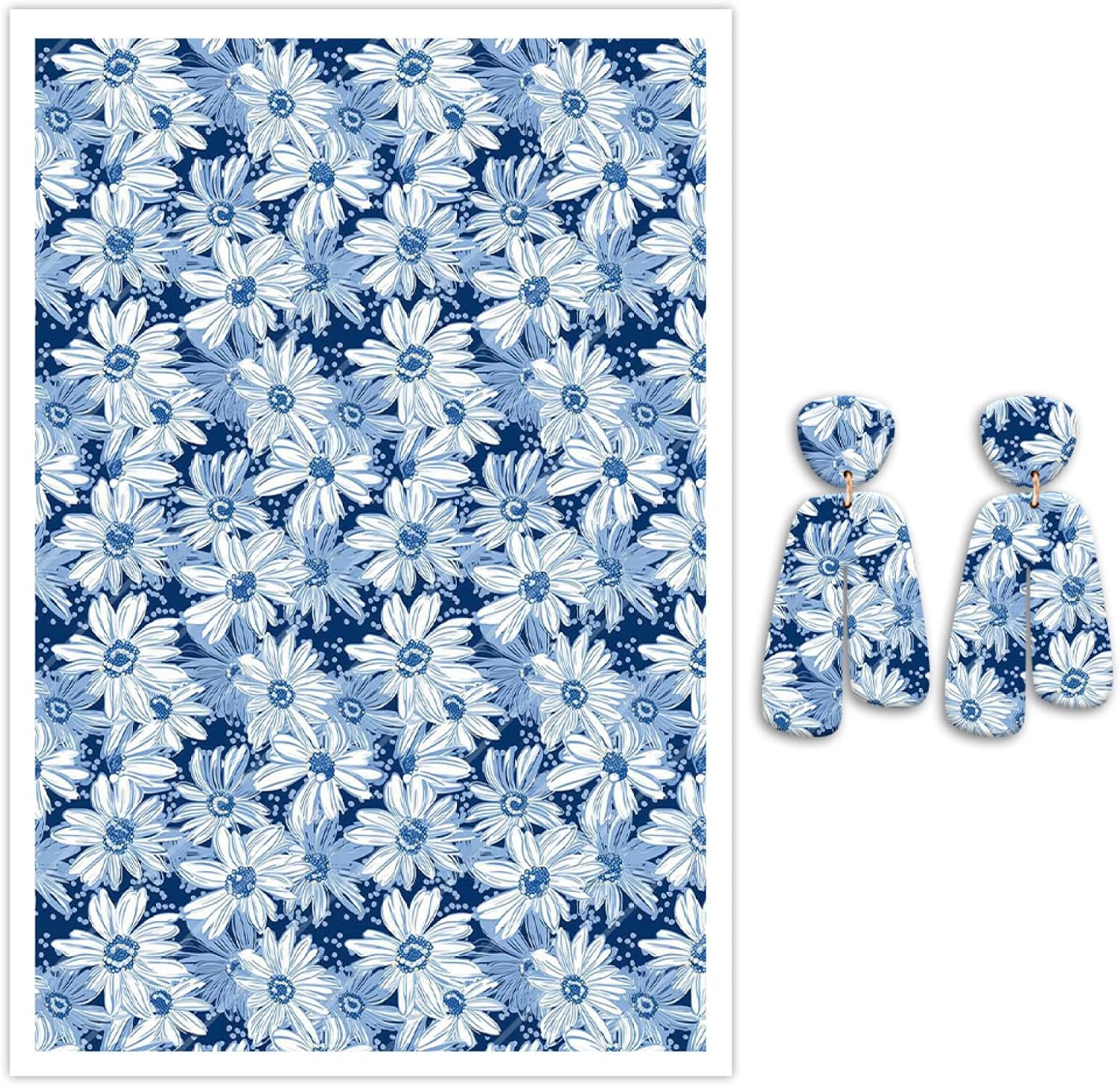 Briartw 10 Sheets Polymer Clay Transfer Paper - Navy Daisy Delight Pattern - Per Sheet 5.82 x 3.93 inch - Water-Soluble Transfer Sheets Disposable Stickers for DIY Clay Jewelry Earrings Making