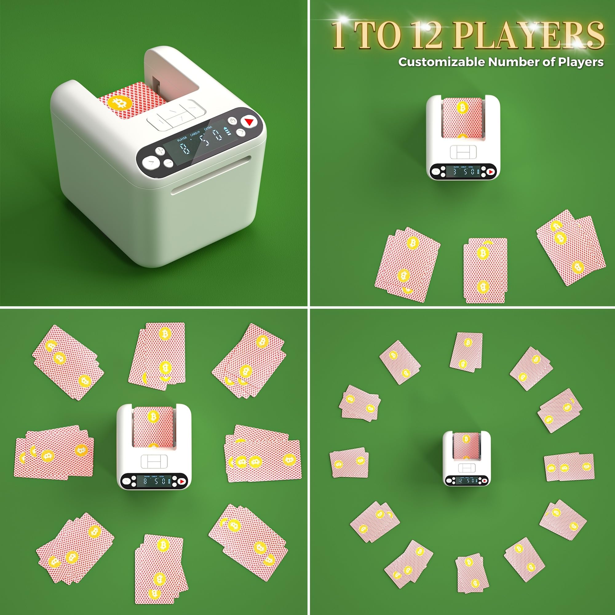 VQP Automatic Card Dealer Machine, 1/2/3 Deck Playing Cards Dealer, Rechargeable 180° 360° Rotating Robot Card Dealing Machine for Uno Phase 10 Five Crowns Casino Poker Games, Texas Hold’em Mode