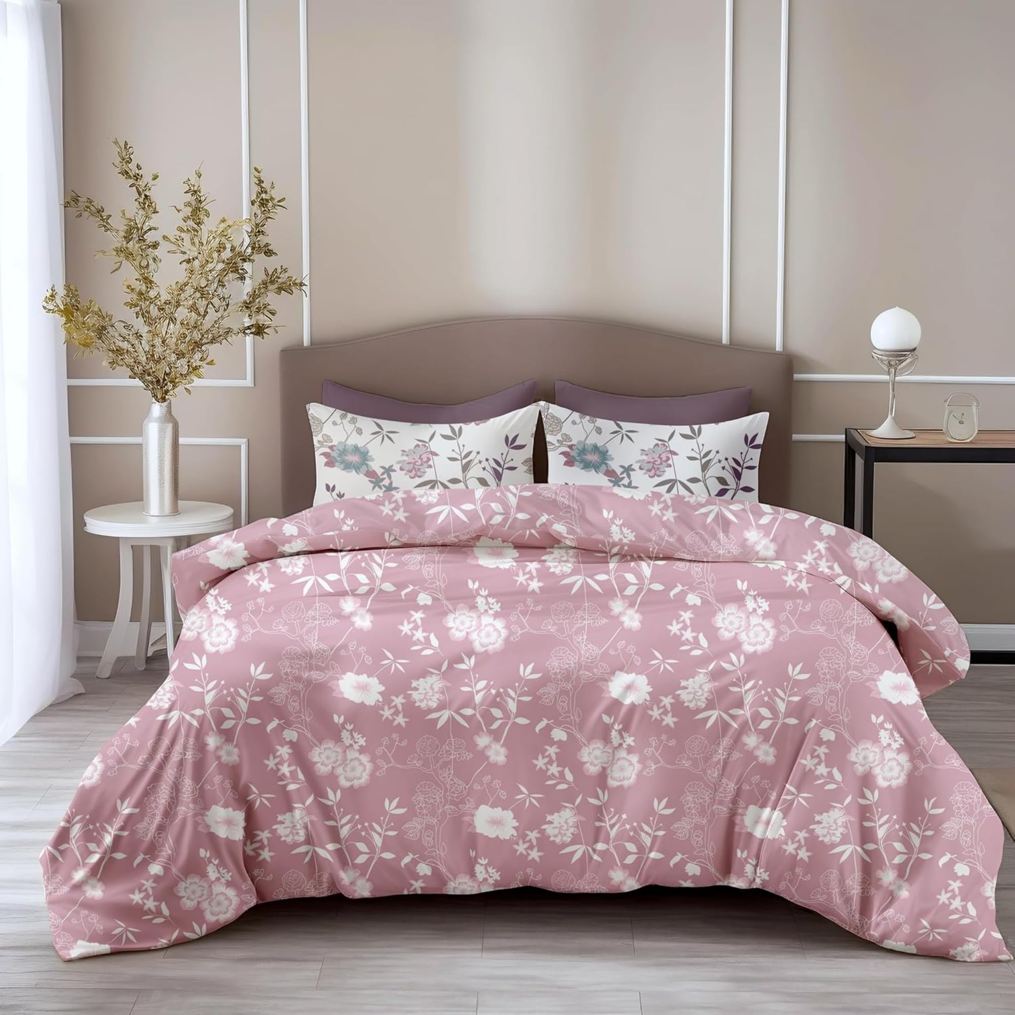 LORETO - A QUALITY LINEN BRAND 100% Pure Cotton Bedsheet for King Size Bed, 144TC Soft & Breathable King Size Bed Sheet Cotton with 2 Pillow Covers (Soft Pink Florals, 104 x 104 Inches)
