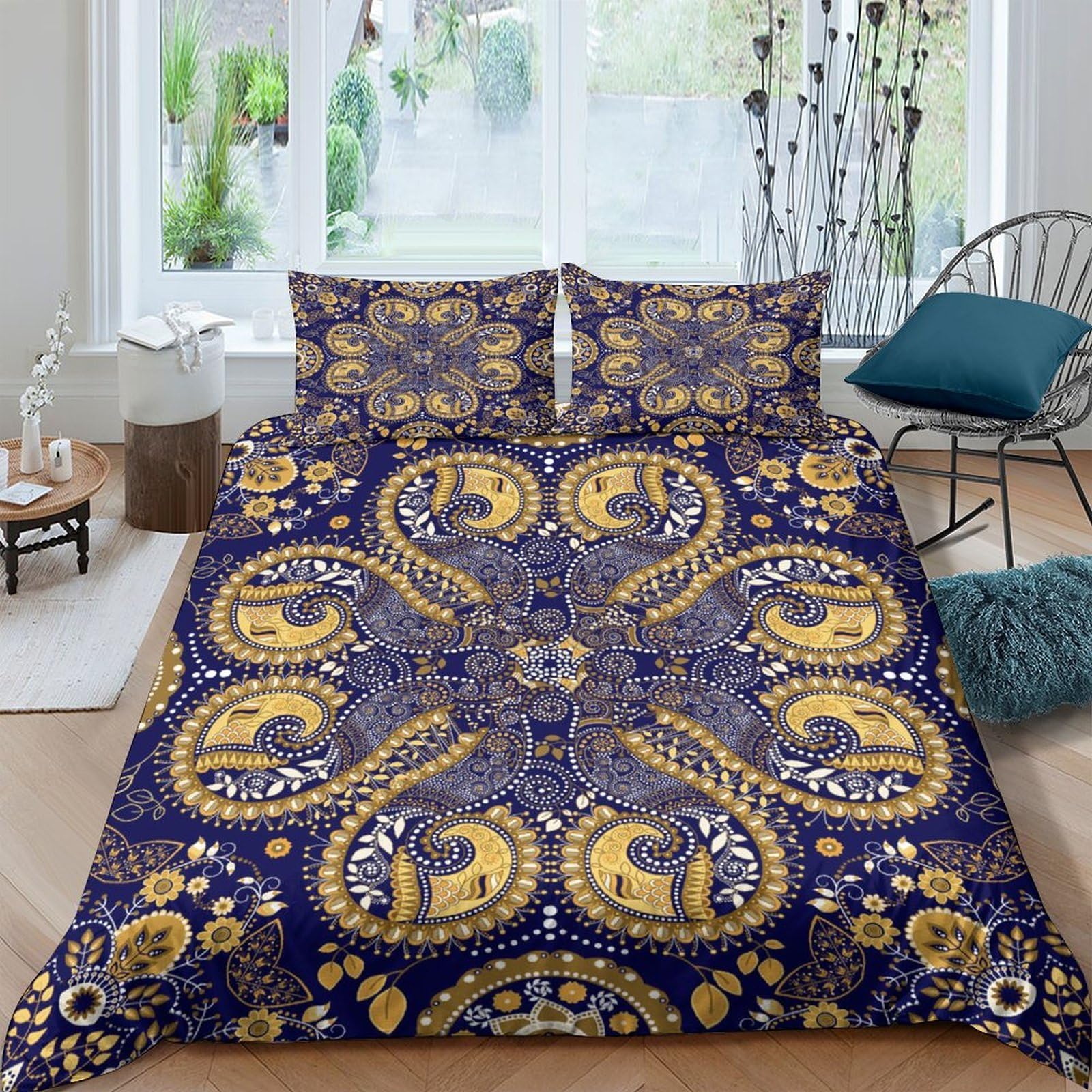 Ctjqhvkz Style-10 3D Printed Baroque Paisley Fitted Sheet Microfiber Soft Gold Blue Mandala Bed Sheet For Bedroom Dorm Mattress Decor Single（135X200cm）