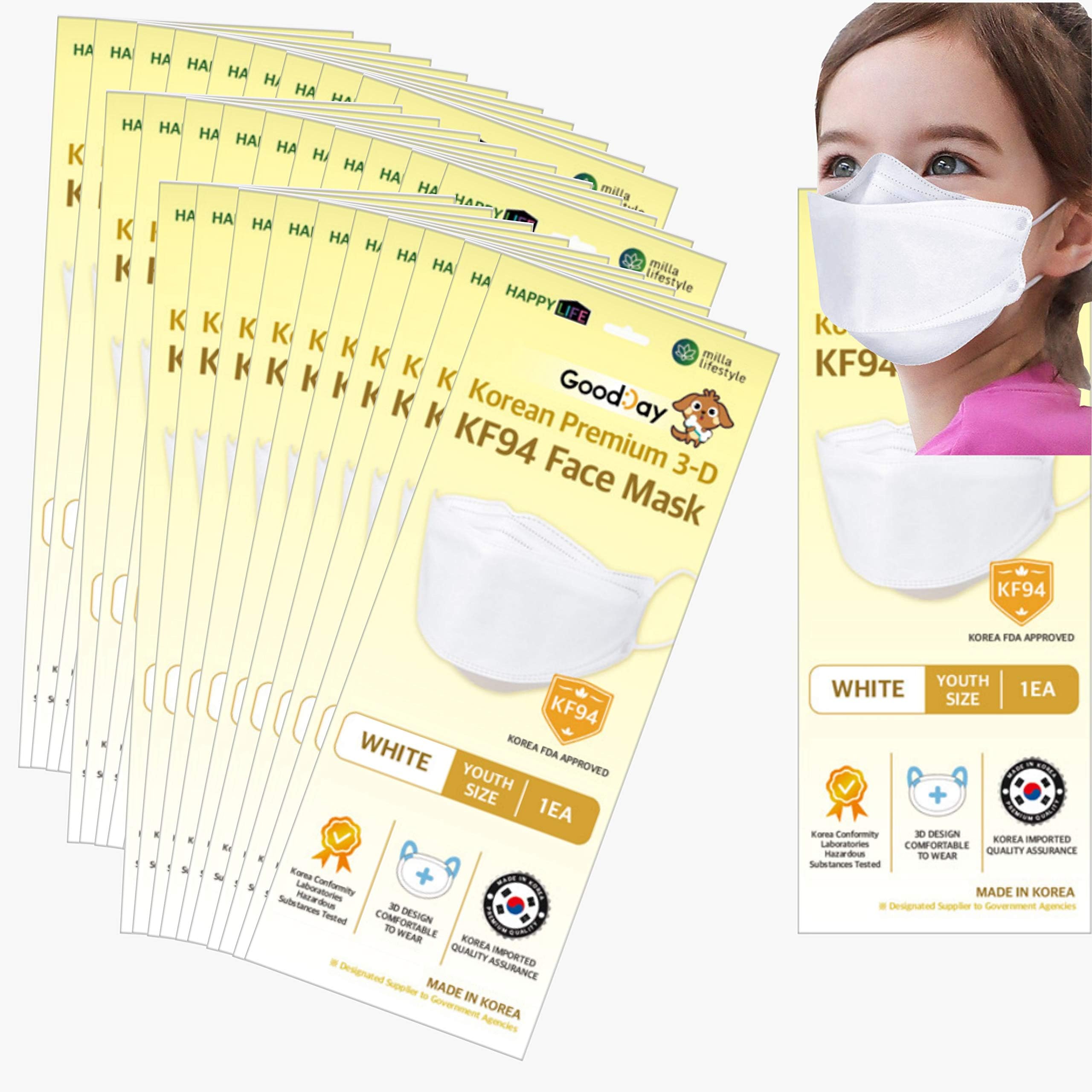 Premium 3D Disposable White Kids KF94 Face Mask, Age 5-15 Old, 4-Layer Filters, Individual Packs, White Color, Made in Korea.