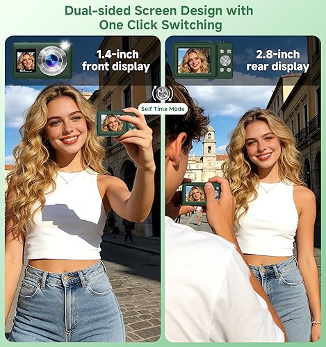 Miniatura 4 de Cámara digital, cámara de doble pantalla de 183.7 ft y 2.7 K, cámaras digitales con tarjeta de 32 GB, zoom de 18X, 20 filtros (verde profundo)