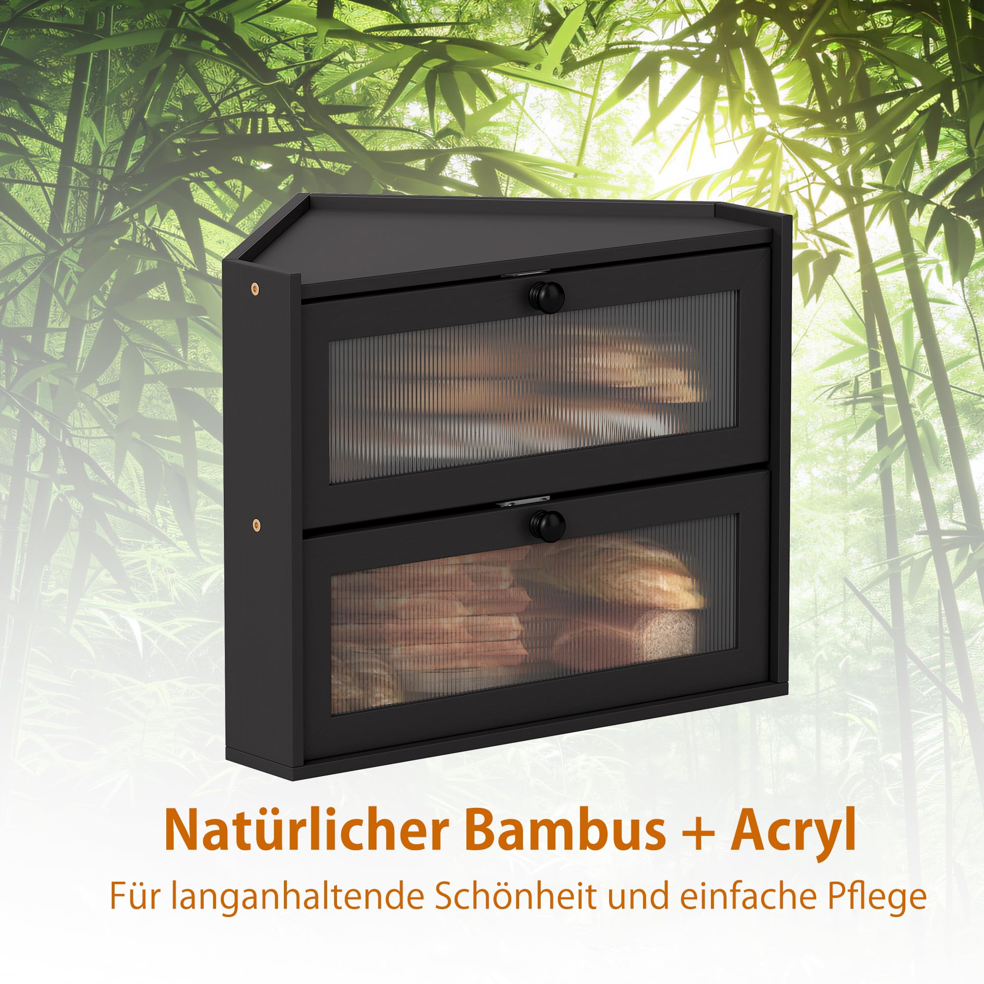 Schwarzer Eckbrotkasten 42 x 30 x 35 cm Groß Brotkasten Holz | 2 Stöckiger, Natürlicher Bambus, Klares Fenster, Frisch Halten, Tür mit Magnetverschluss, für Brot, Obst Küchen Storage