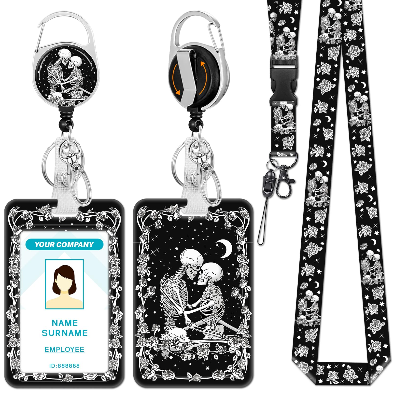 Hancynir Goth Skeleton Lover Lanyards for Id Badges Retractable Reel Clip