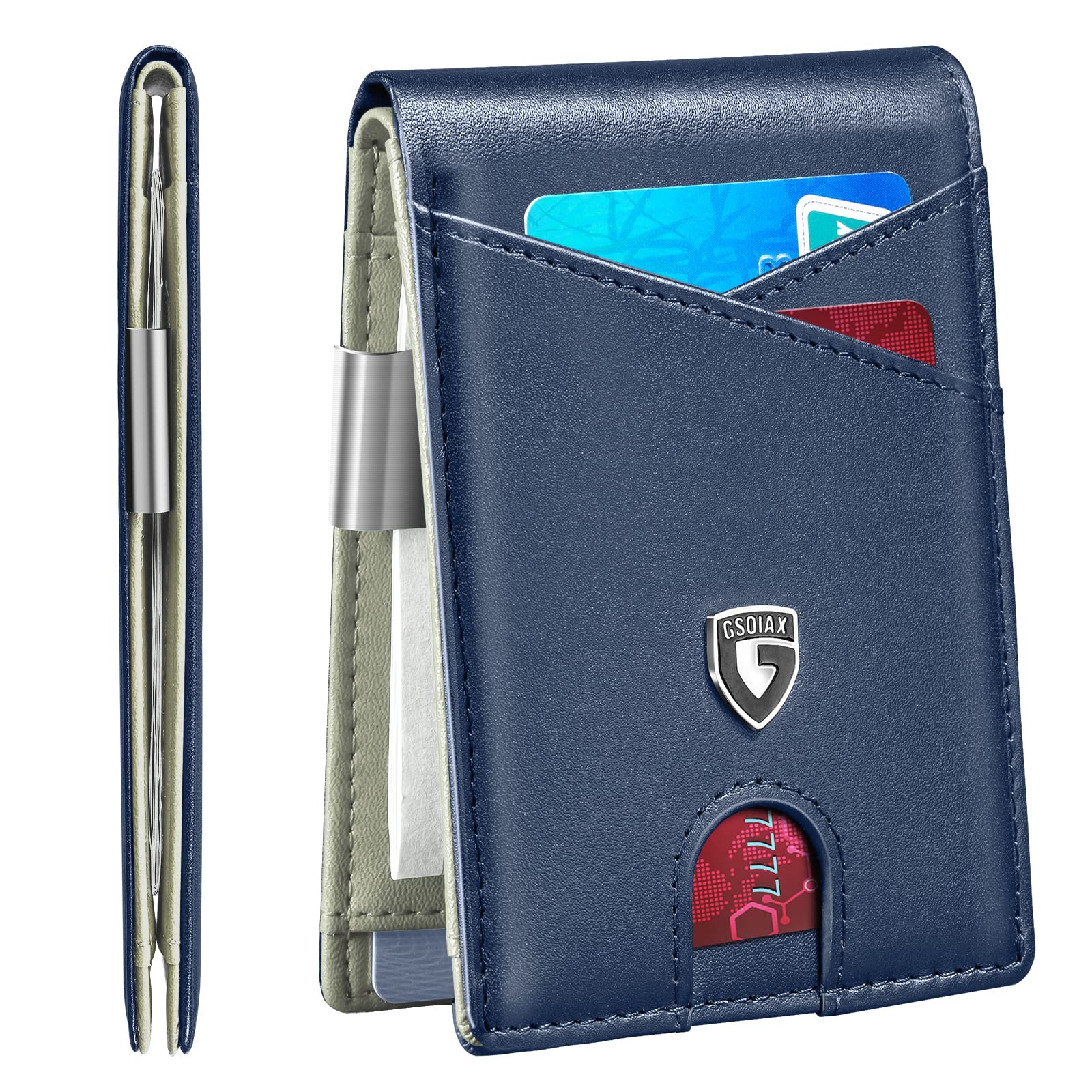 GSOIAX Slim Leather RFID Bifold Wallet for Men Minimalist Front Pocket Wallet with Money Clip, 12 Card Slots, ID Window, Cool Groove Design, Includes