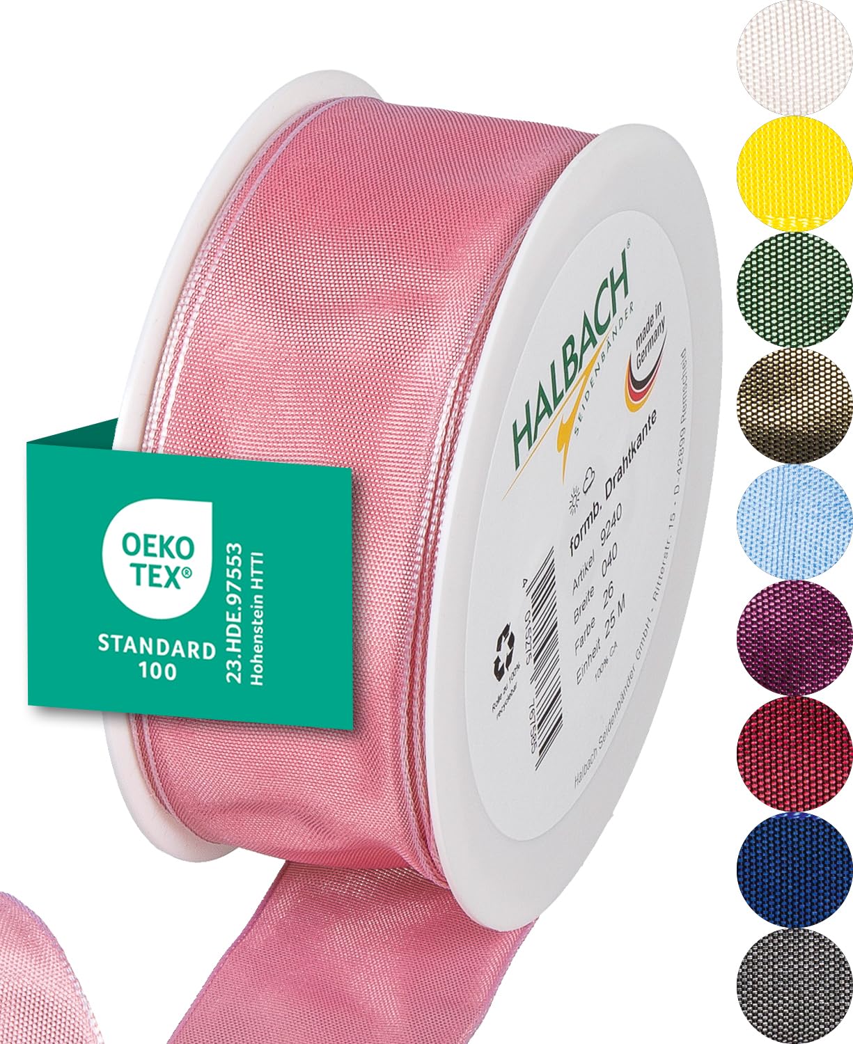 Halbach Seidenbänder Premium Geschenkband mit Drahtkante | Breite 40mm Länge 25m | Öko-Tex 100 zertifiziertes Schleifenband | Taftband Made in Germany, Farbe: flamingo