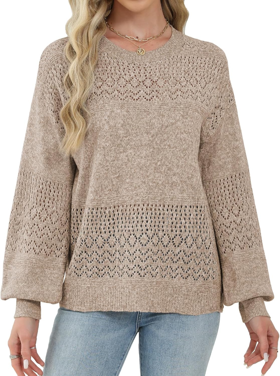 Lylinan Womens Sweaters Casual Boho Long Sleeve Shirts Crewneck Lightweight Crochet Tops Pullover Knit Sweater - Image 4