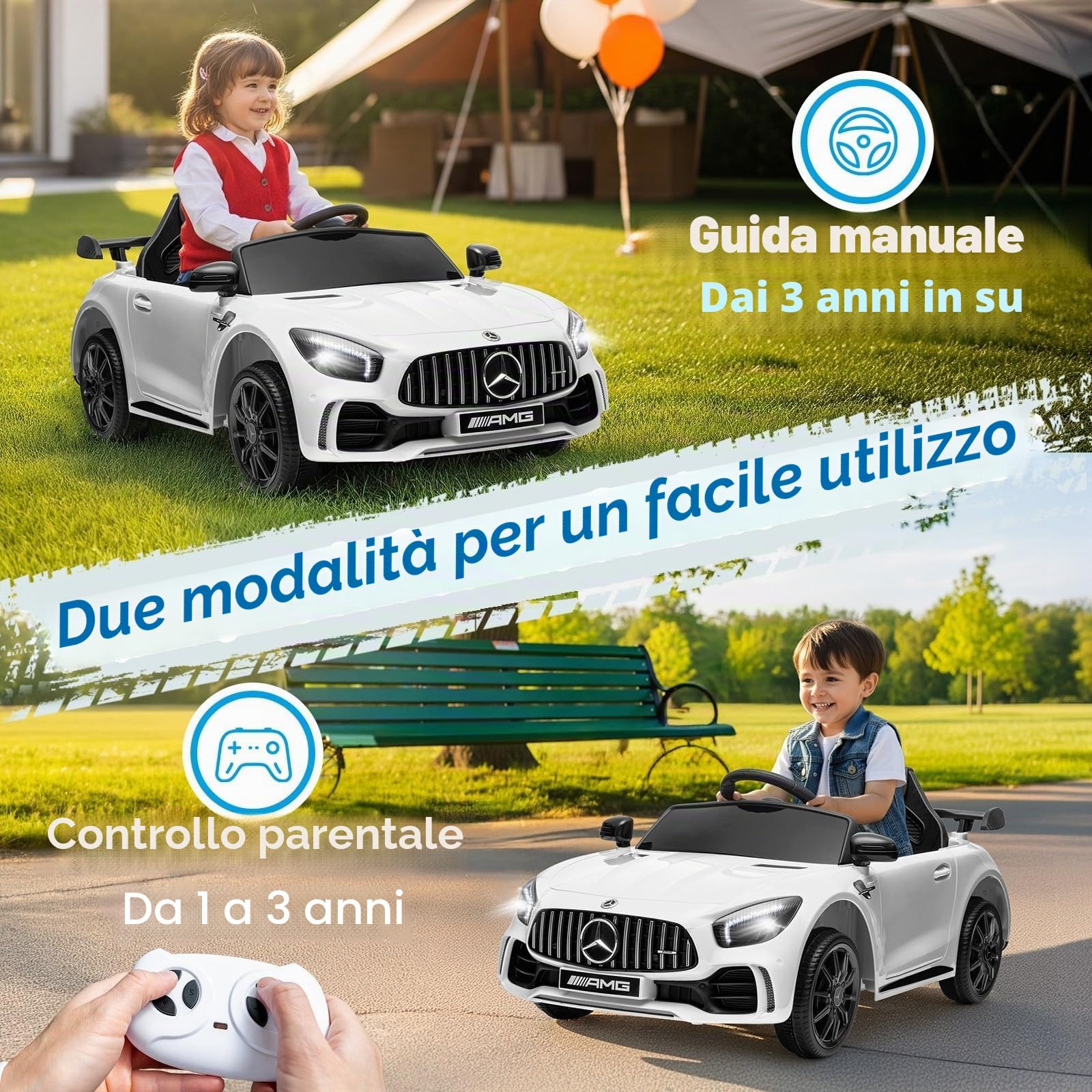 LALAHO Auto Elettrico per Bambini 12V GTR con Telecomando 2,4 GHz, Veicolo Elettrico a 2 Porte con MP3, Klaxon, Luci LED (Bianco)