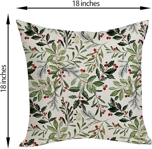 Miniatura 9 de Juego de 2 fundas de almohada de Navidad de 18 x 18 pulgadas, fundas de almohada de lino verde con acuarela de Navidad de acebo para decoración de
