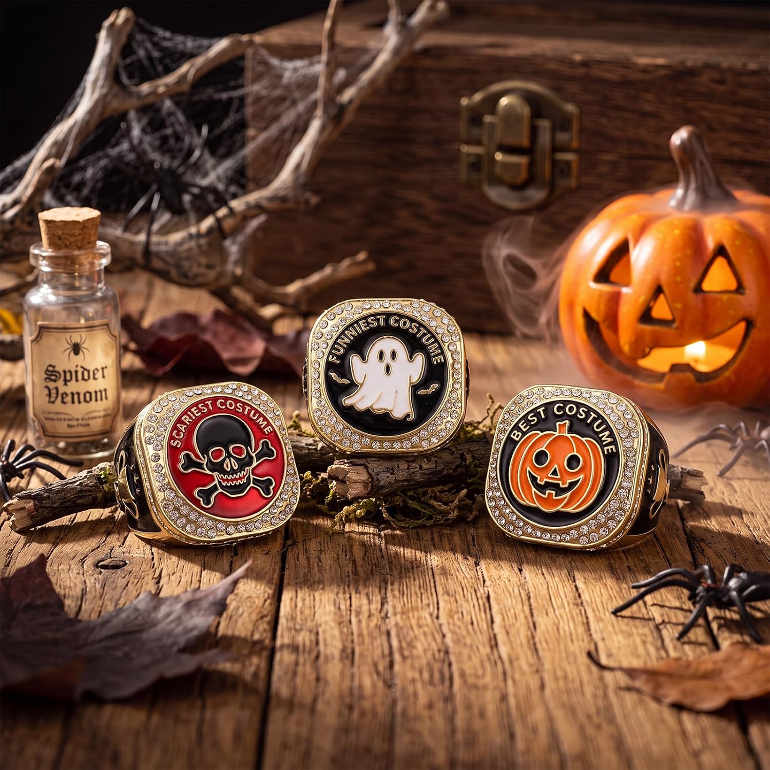 Tondiamo 3 Sets Halloween & Christmas Themed Championship Trophy Ring 1st, 2nd, 3rd with Display Case and Stand Holder, Holiday Party Trophies Medals Gift for Award Ceremony Decorations