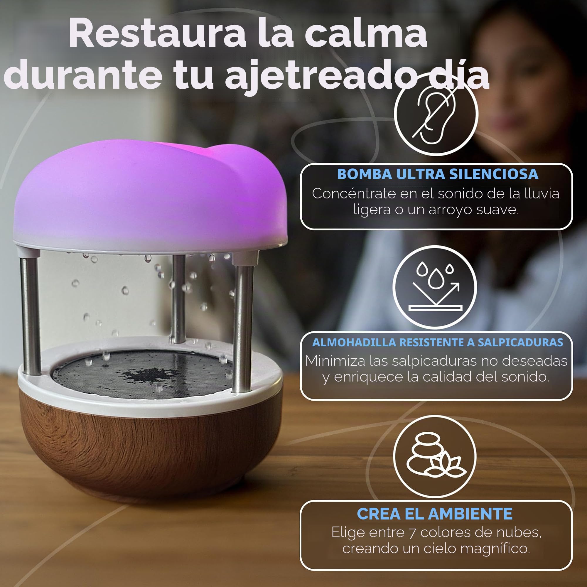 Mindsight Fuente de Agua de Mesa 'Calming Cloud' | Bomba silenciosa | Resistente a Salpicaduras | Decoración Zen y Natural | Promueve el Enfoque, el Alivio del estrés, la productividad, el sueño |