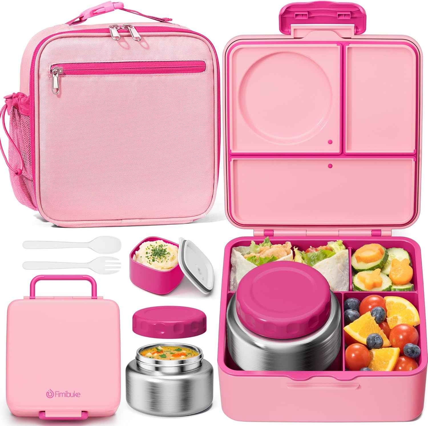 Fimibuke Kids Bento Lunch Box with Food Jar, Leakproof Toddler Bento Box with 8.5OZ Insulated Food Jar, Lunch Bag & Utensils BPA Free Dishwasher Safe 3 or 4 Compartment Container for School Girls Boys