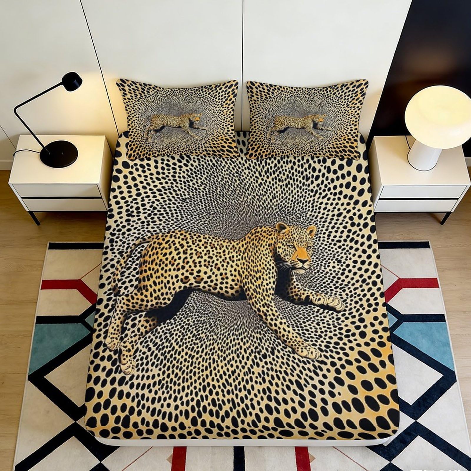 3D Printed Leopard Pattern Fitted Sheet Microfiber Soft Animal Skin Bed Cover for Bedroom Guest Room Dorm Decor 90x200x25cm