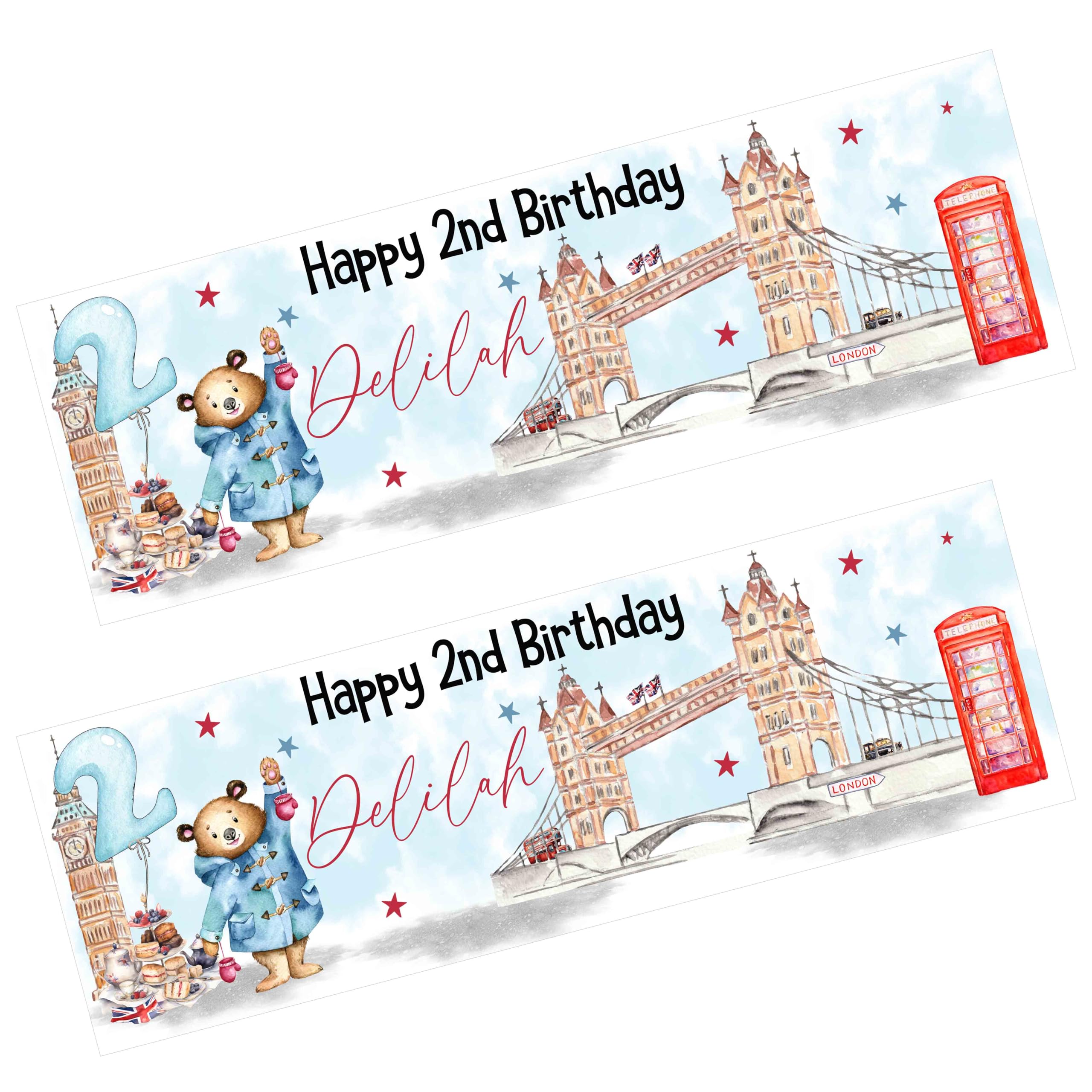 London Bear Birthday Banner x 2. Personalised Party Banner. Party Decoration, Birthday Gift, London Bear, Little Bear, Party Banners