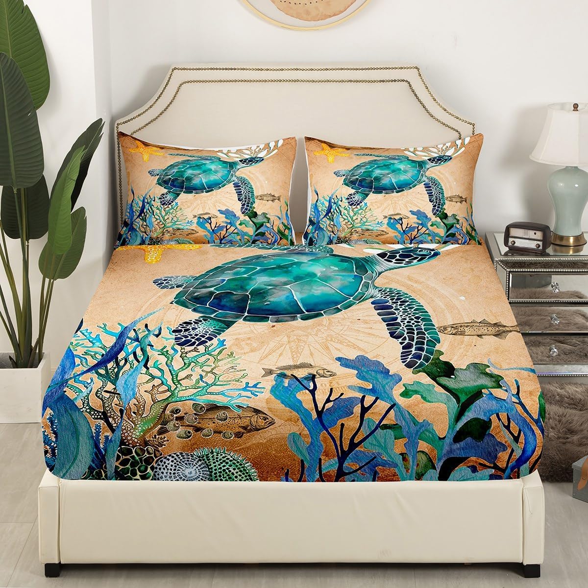 Ocean Turtle Bed Sheet Set Reptile Tortoise Print Bedding Sheet Sea Turtle Fitted Sheet for Boys Girls Children Teens Bedroom Decor Marine Comforter Cover Underwater Animal Queen with 2 Pillow Case