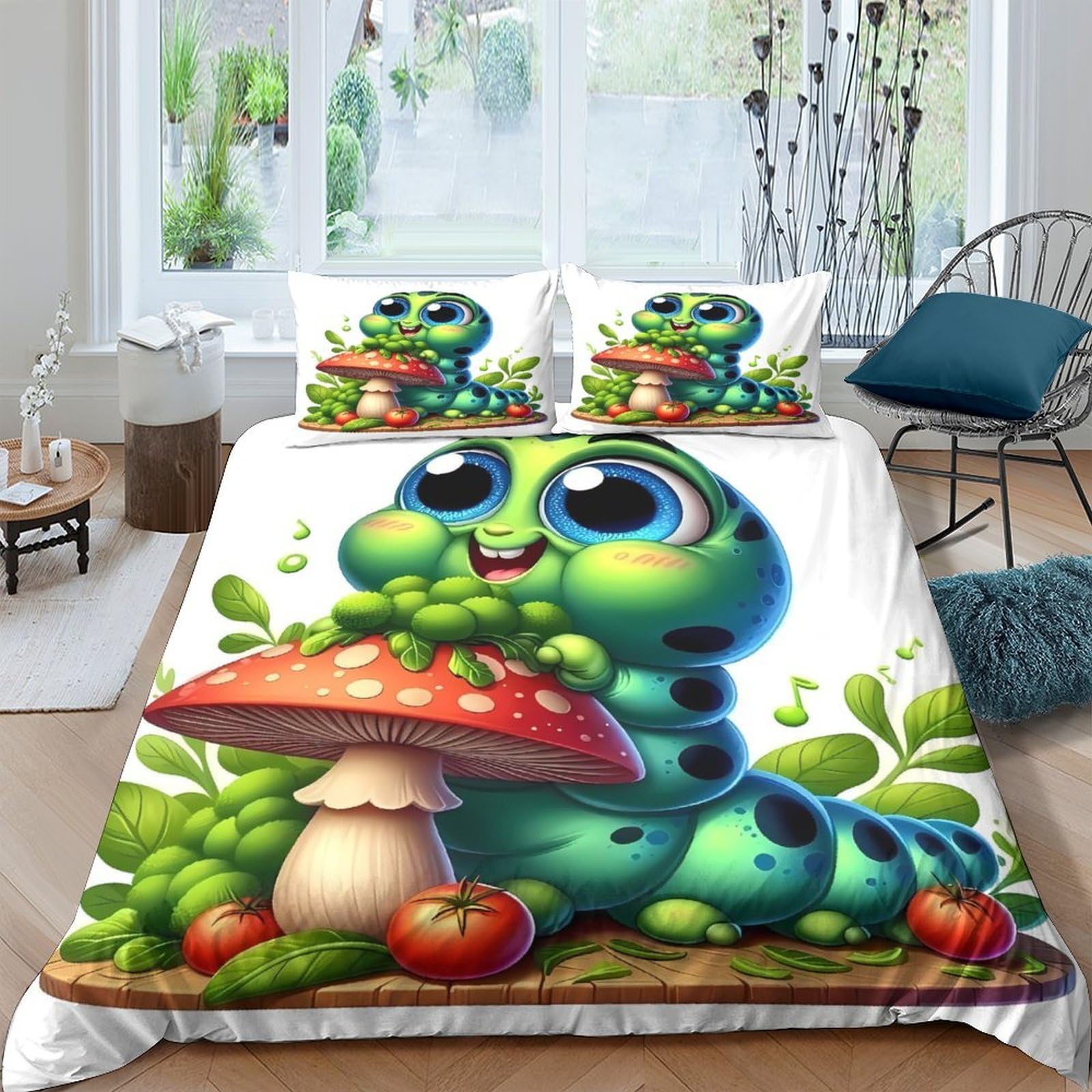 Ctjqhvkz Style-3 3D Printed Cute Caterpillar Fitted Sheet Microfiber Soft Green Mushroom Bed Cover For Bedroom Dorm Mattress Decor Single（135X200cm）