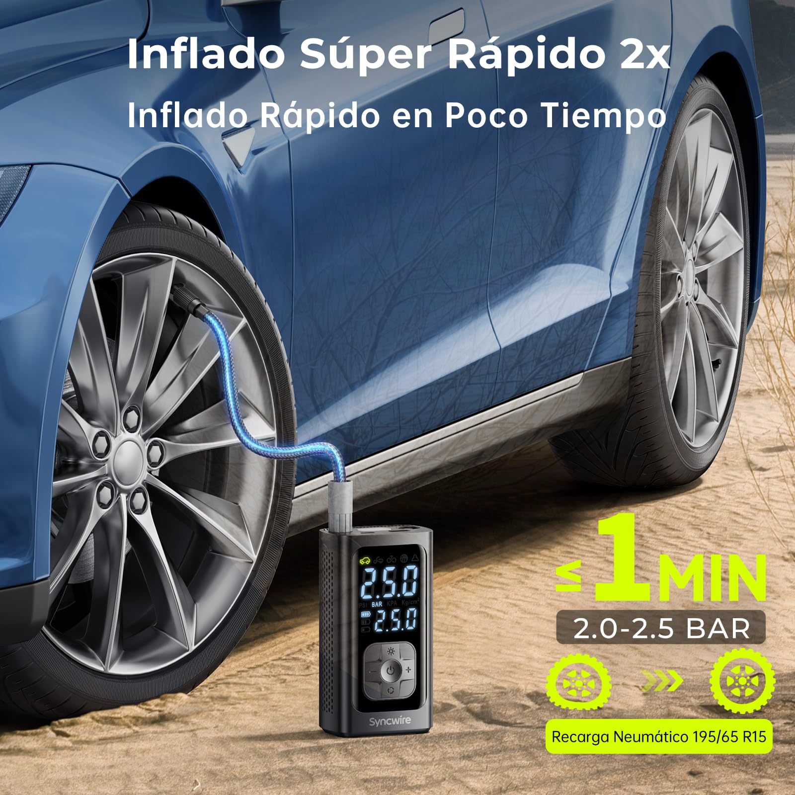Syncwire Compresor Aire Portatil - 10.35Bar máx Inflador Electrico Compresor Aire Inflación Más rápido Bomba Aire para Coche, Motos, Bicicletas, Pelotas, con Tapas de Válvula de Neumáticos, LCD Grande