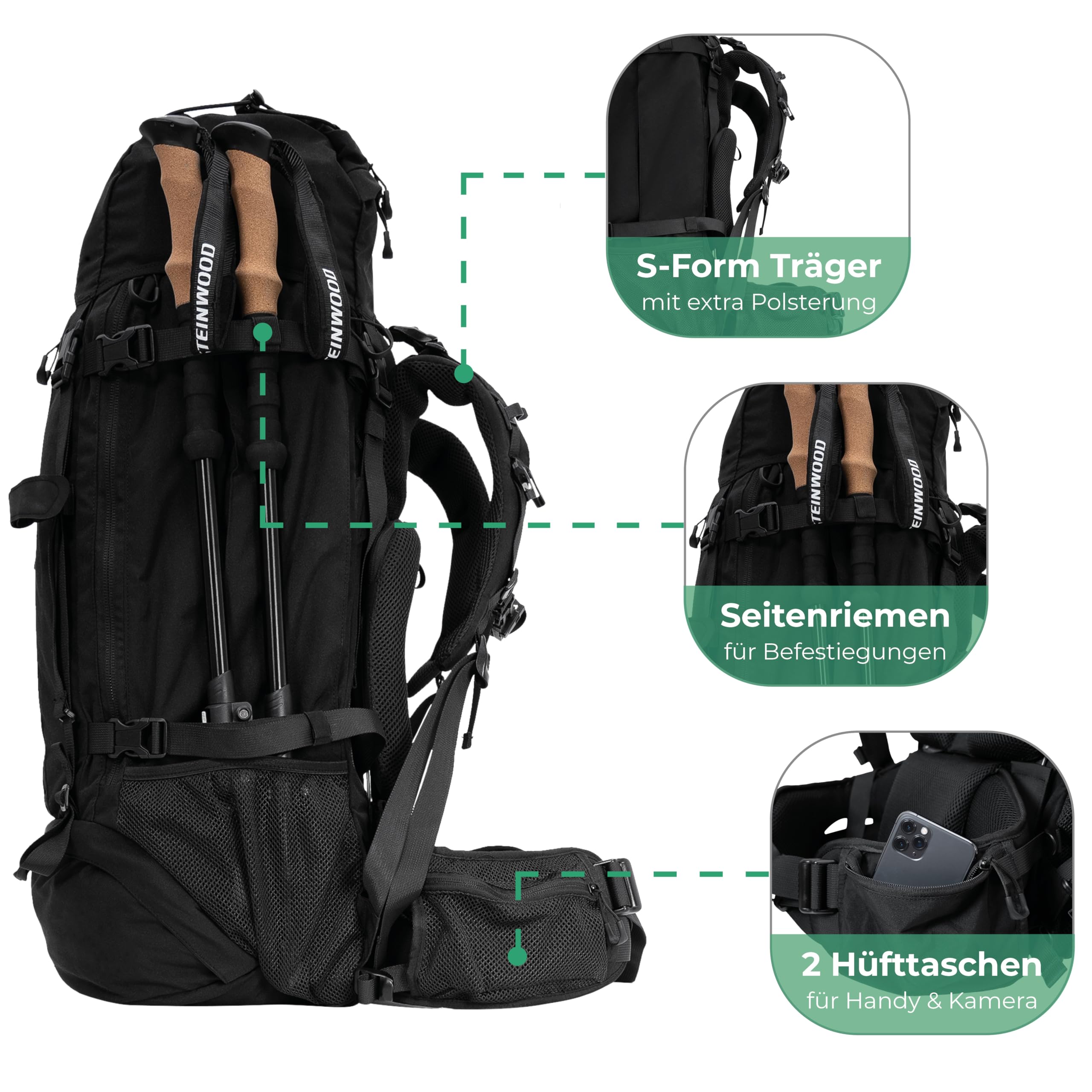 Steinwood Trekkingrucksack 70L (neu 2024), Wanderrucksack, Backpacker-Rucksack, Reiserucksack, wasserabweisend mit Regenhülle, schwarz
